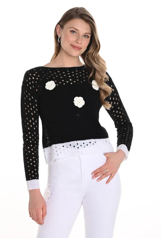 256745U - Open Knit Sweater w/ Flowers