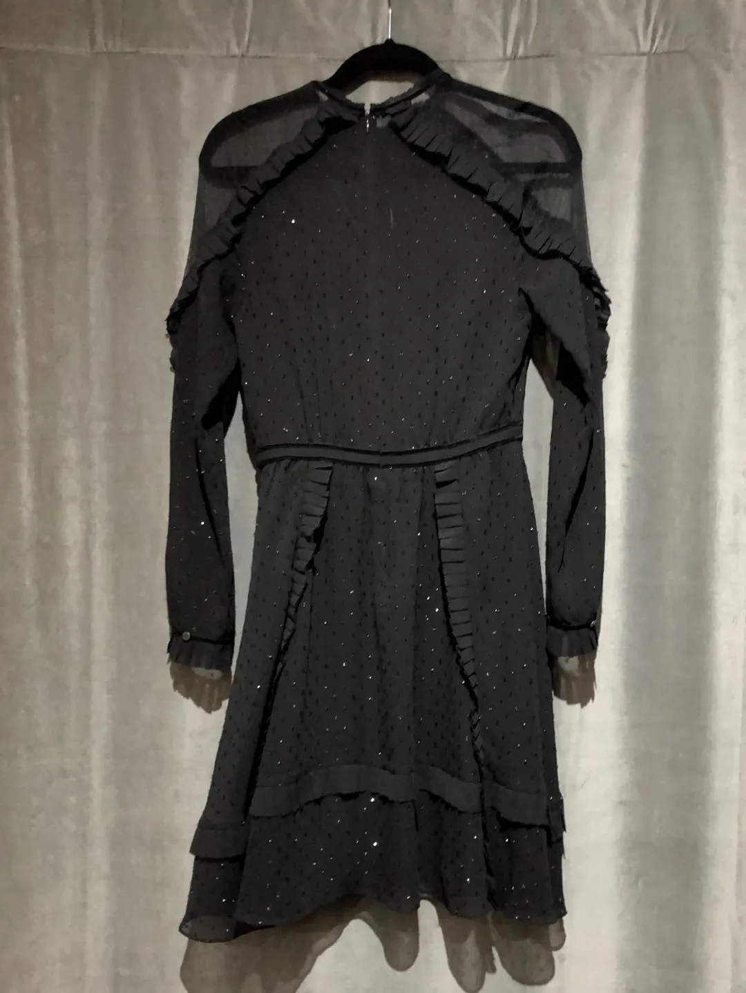 All Saints Black Long Sleeve Sparkle Ruffle Mini Dress