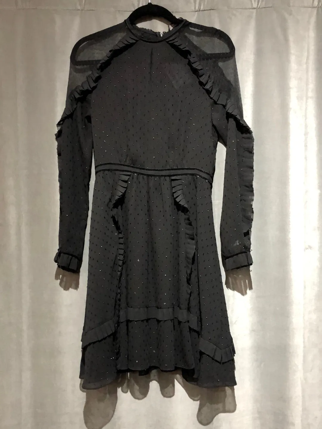 All Saints Black Long Sleeve Sparkle Ruffle Mini Dress