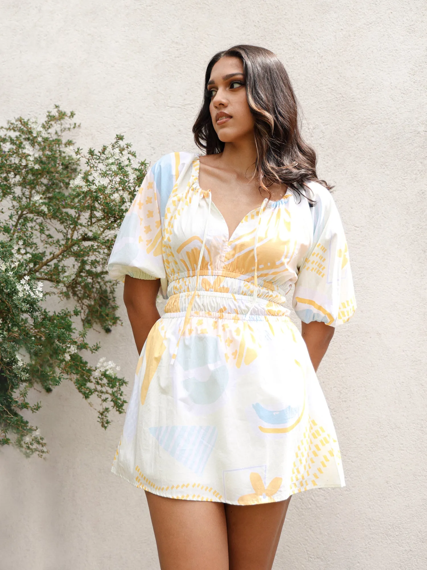 Ballon Sleeved Front Tieup Mini Dress