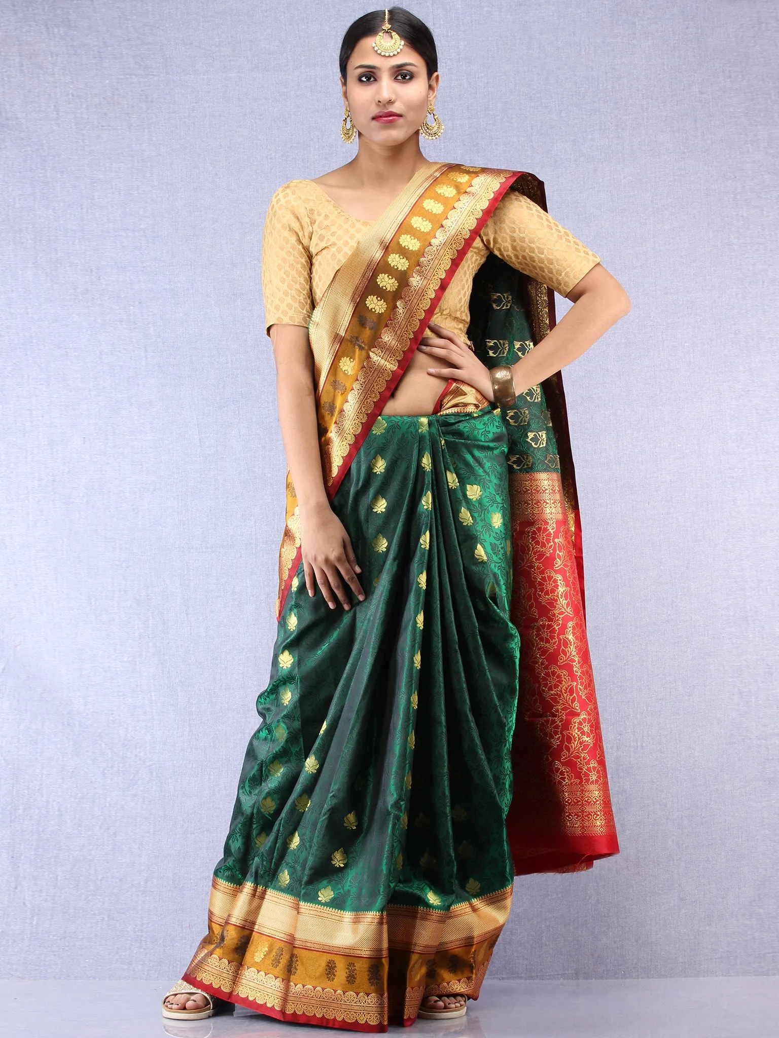Banarasee Art Silk Saree With Resham Zari Weave - Bottle Green Maroon & Gold - S031704385