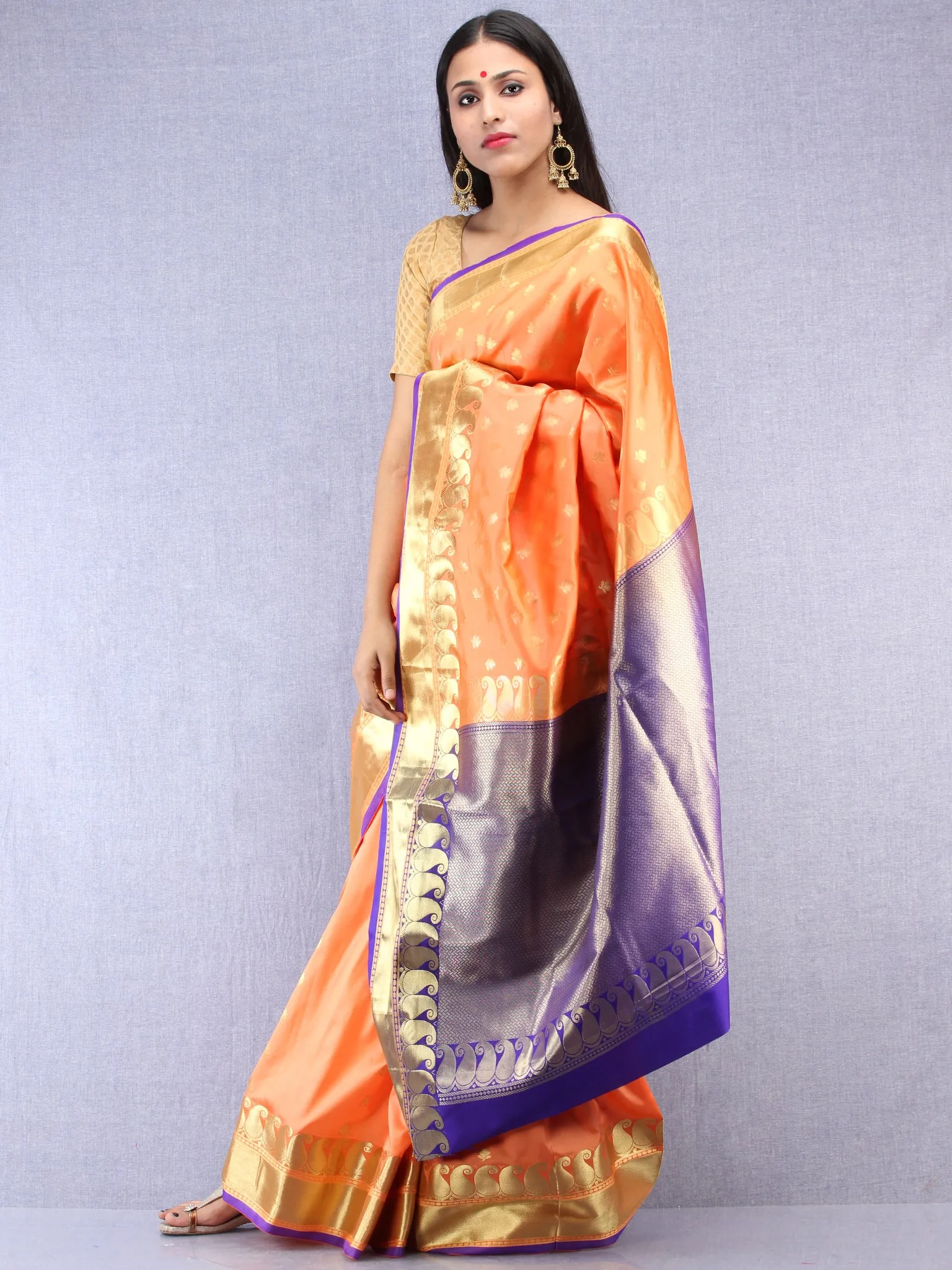 Banarasee Art Silk Saree With Zari Work - Peach Blue & Gold - S031704415