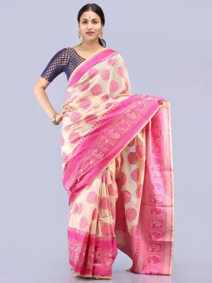 Banarasee Chanderi Saree With Resham Border & Butta - Ivory & Pink - S031704302