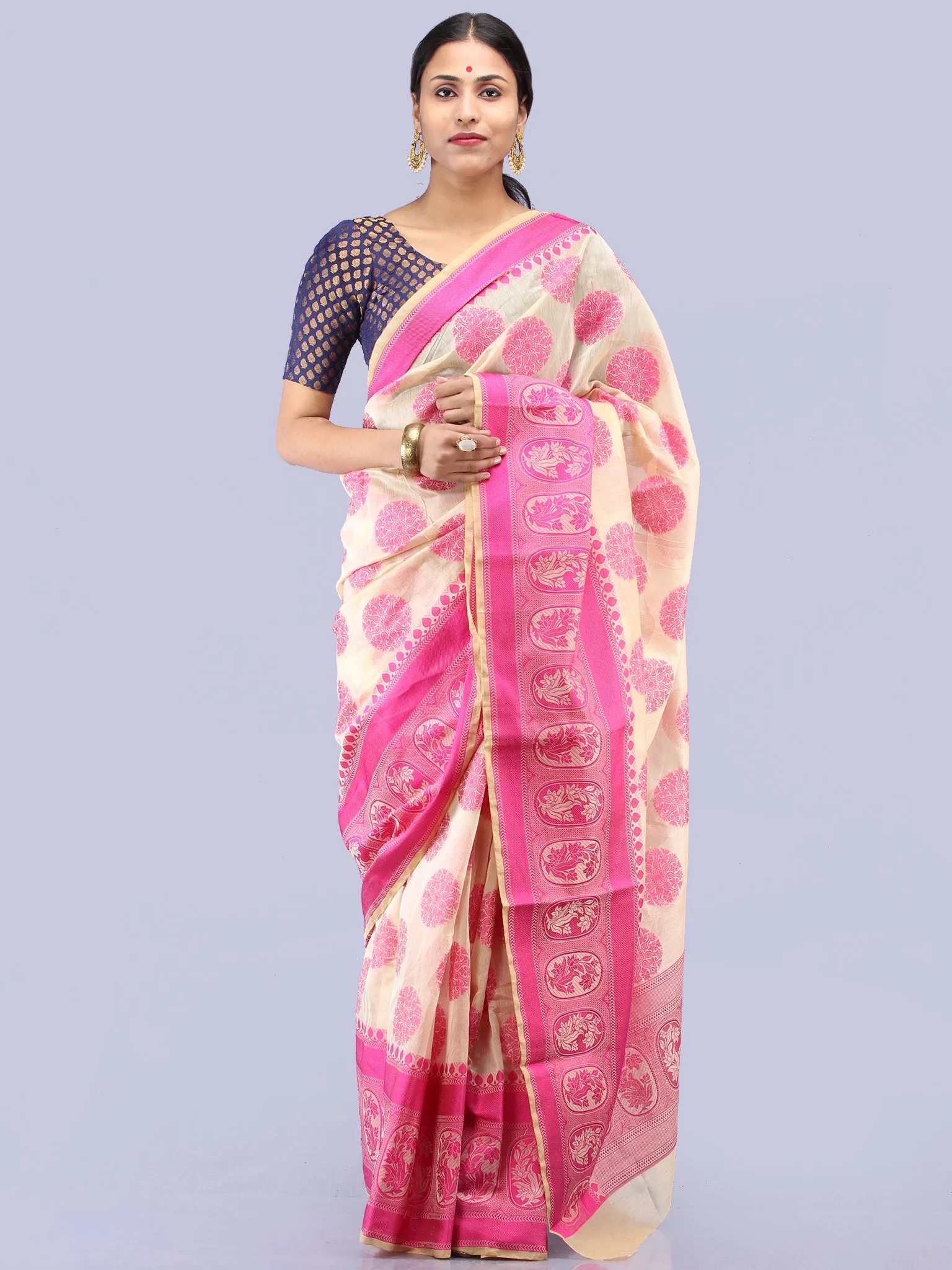 Banarasee Chanderi Saree With Resham Border & Butta - Ivory & Pink - S031704302