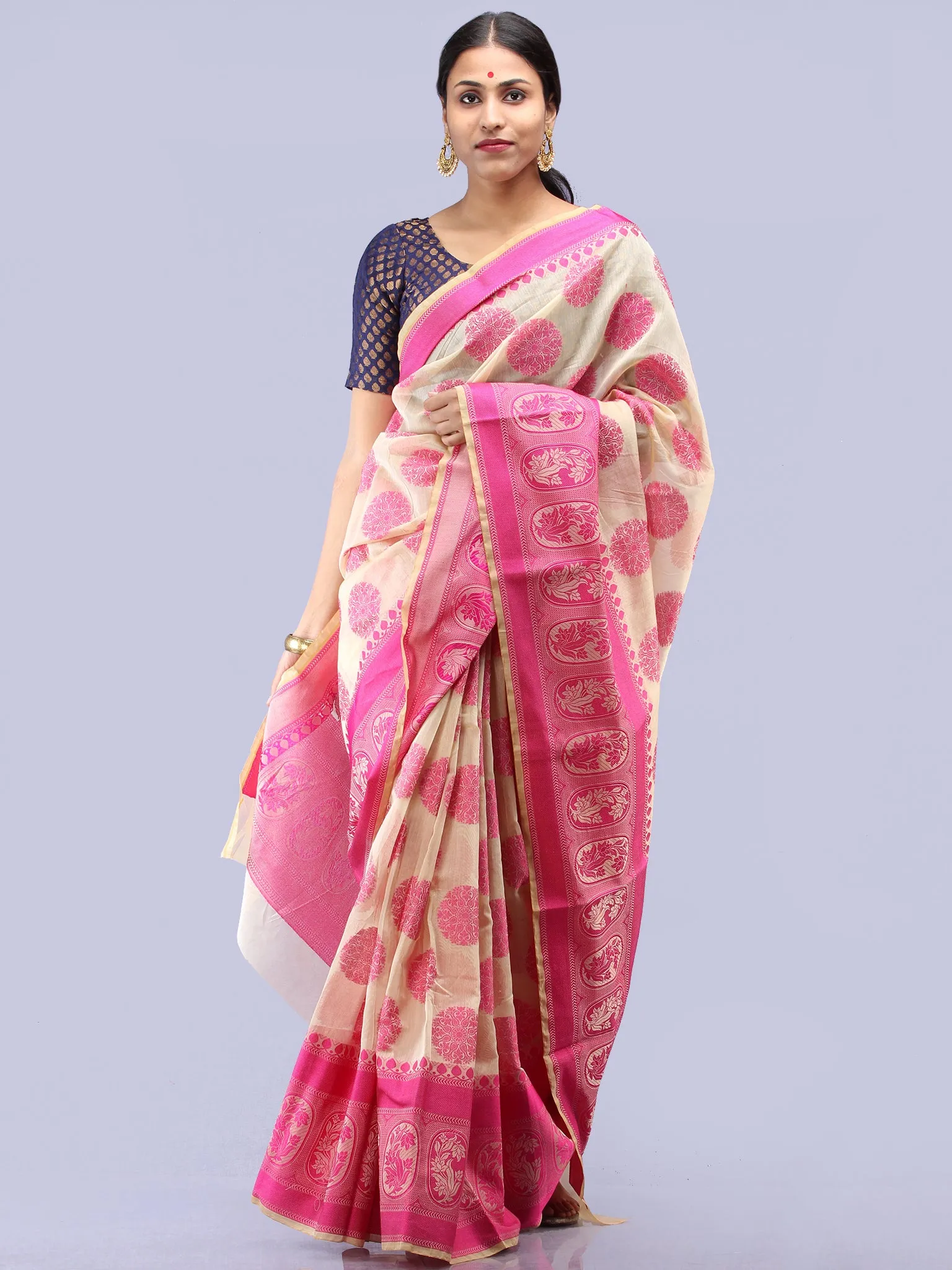 Banarasee Chanderi Saree With Resham Border & Butta - Ivory & Pink - S031704302