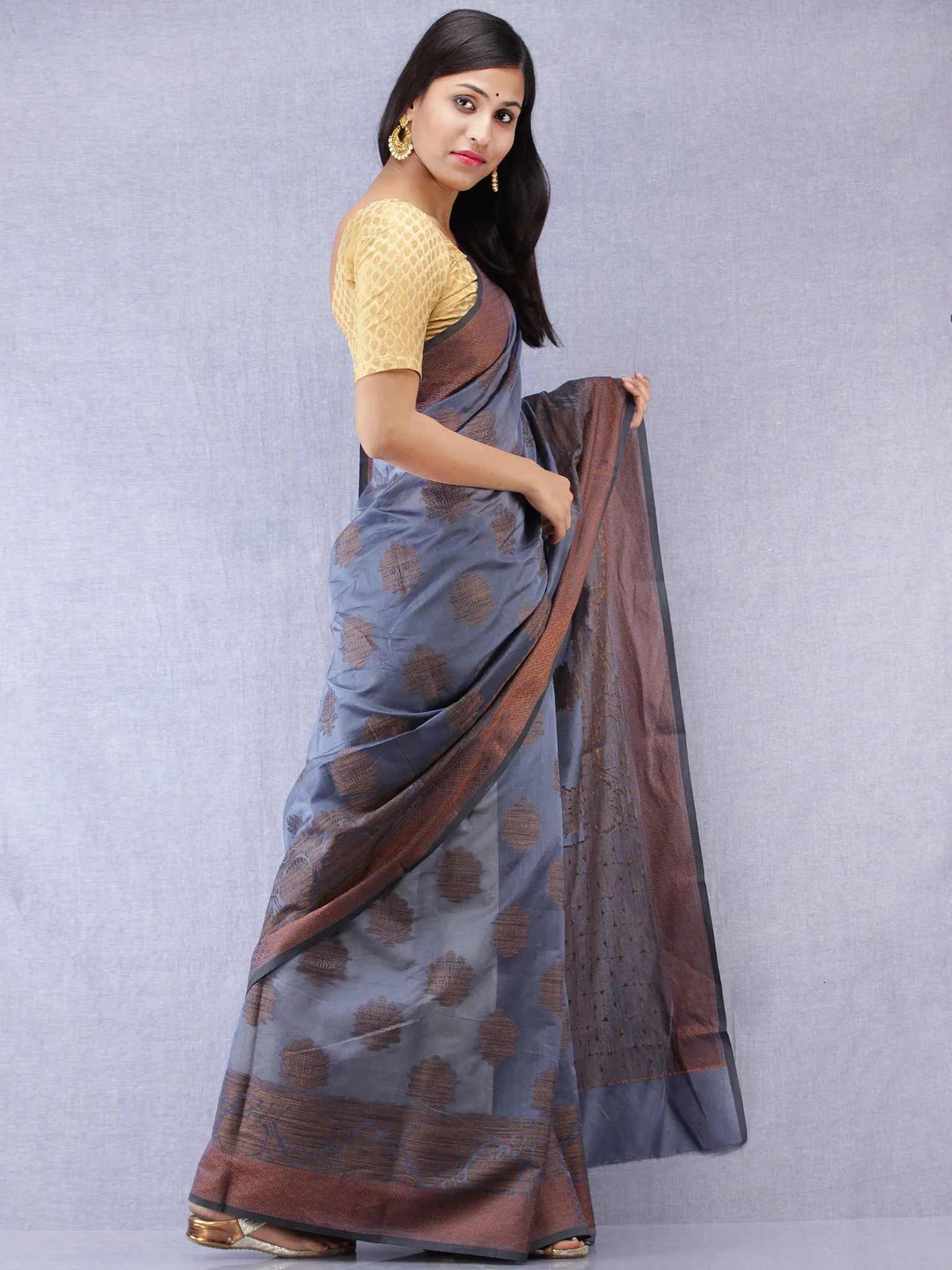 Banarasee Chanderi Silk Saree With Resham Border & Butta - Steel Blue Copper - S031704320