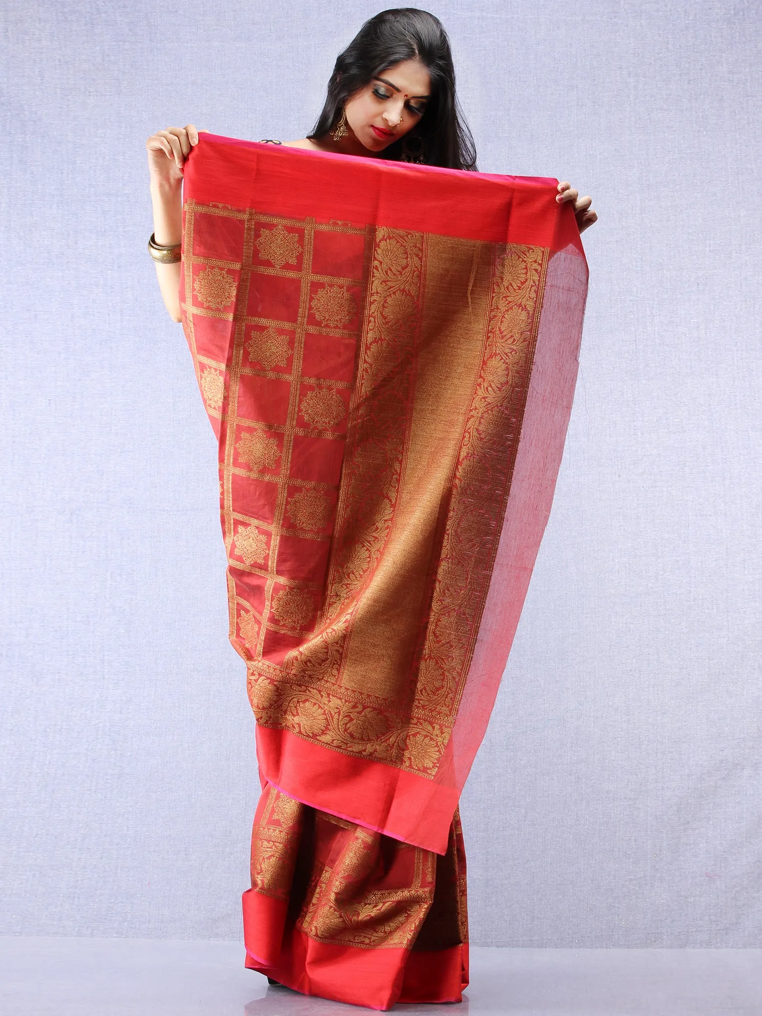 Banarasee Chanderi Silk Saree With Zari Work - Maroon Red Gold - S031704377