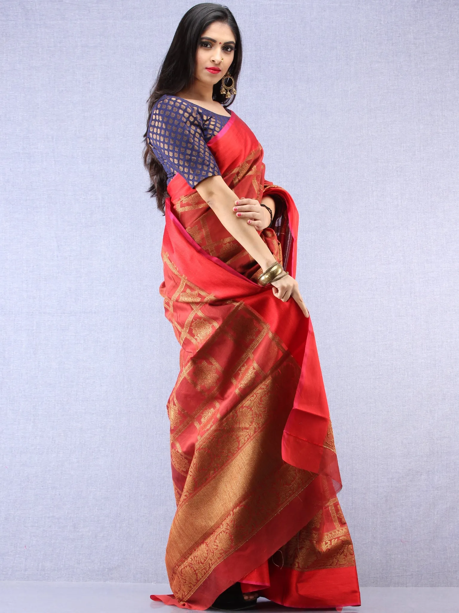 Banarasee Chanderi Silk Saree With Zari Work - Maroon Red Gold - S031704377