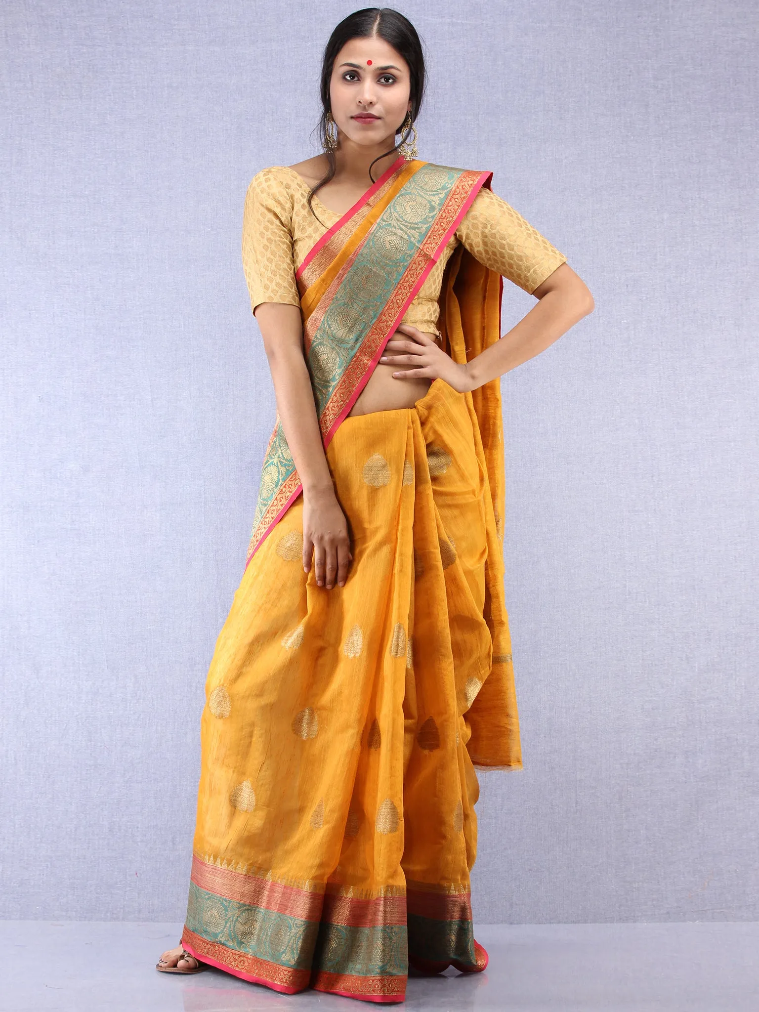 Banarasee Cotton Silk Saree With Zari Work - Mustard Pink Green & Golden - S031704365