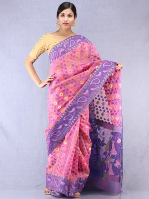 Banarasee Organza Saree With Zari & Resham Work - Pink Purple & Gold - S031704328
