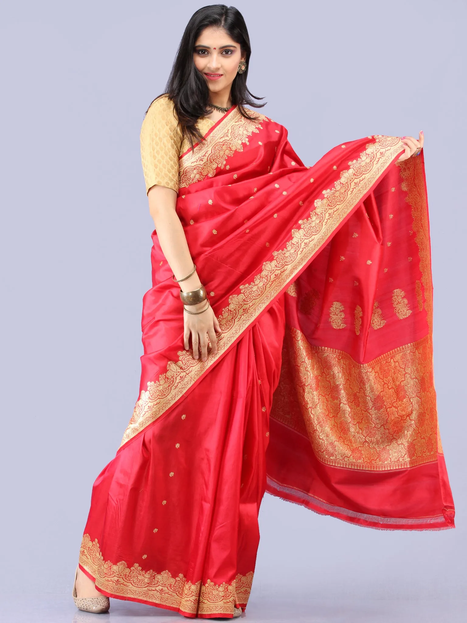 Banarasee Pure Katan Silk Handloom Saree With Zari Work - Green & Gold - S031704297