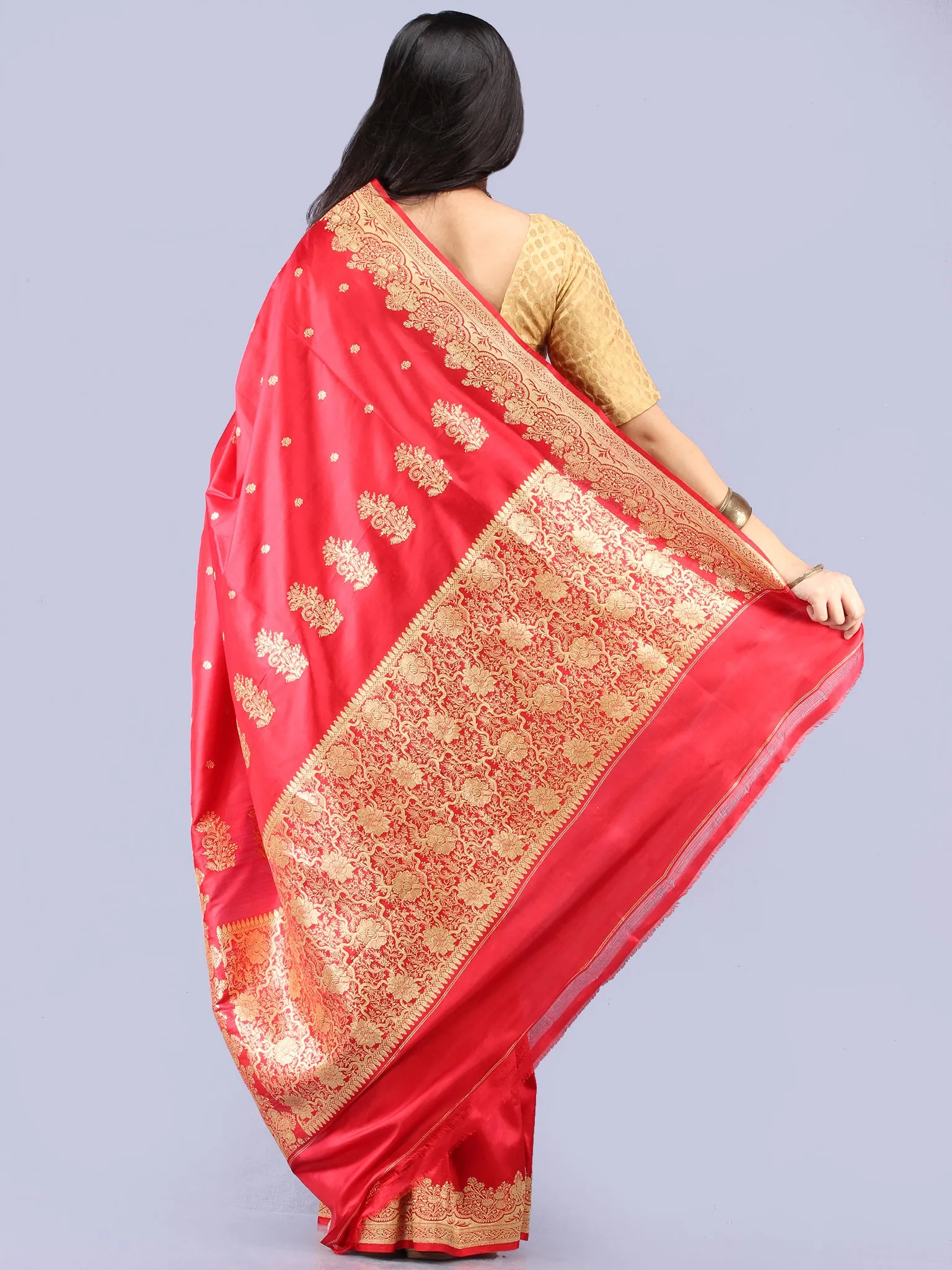 Banarasee Pure Katan Silk Handloom Saree With Zari Work - Green & Gold - S031704297