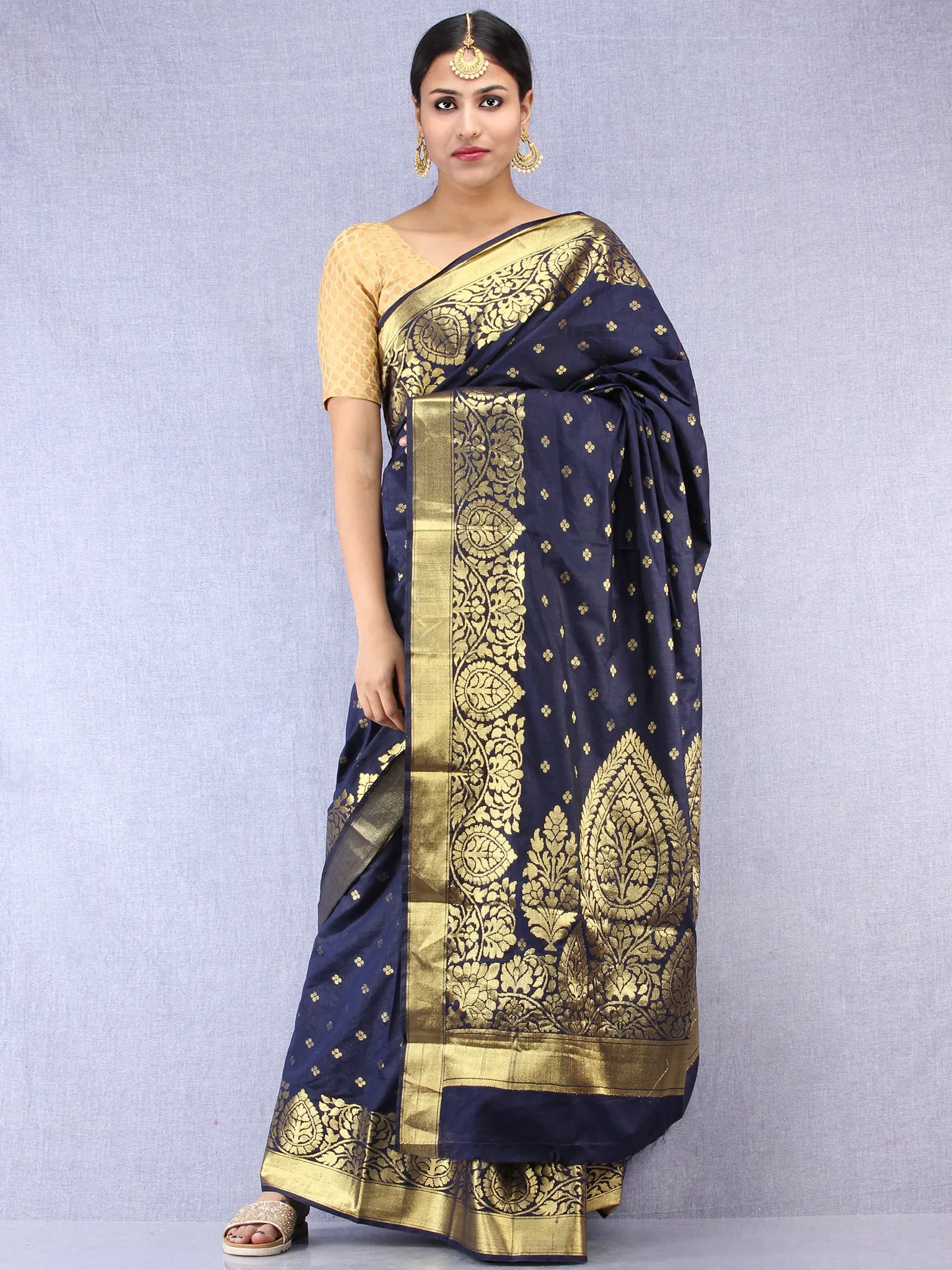 Banarasee Semi Silk Saree With Zari Border - Navy Blue Gold  - S031704384