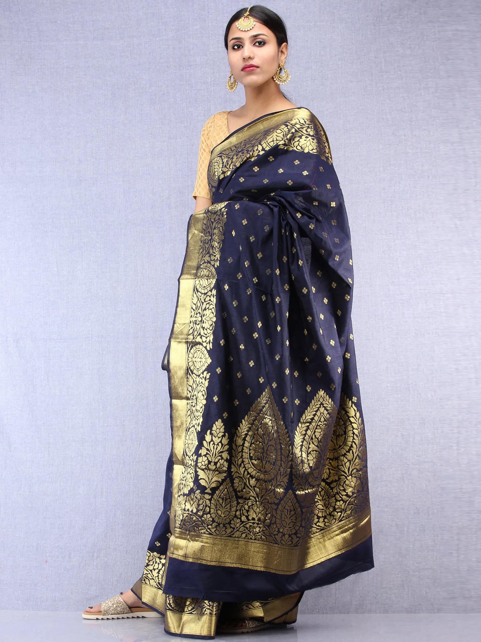 Banarasee Semi Silk Saree With Zari Border - Navy Blue Gold  - S031704384