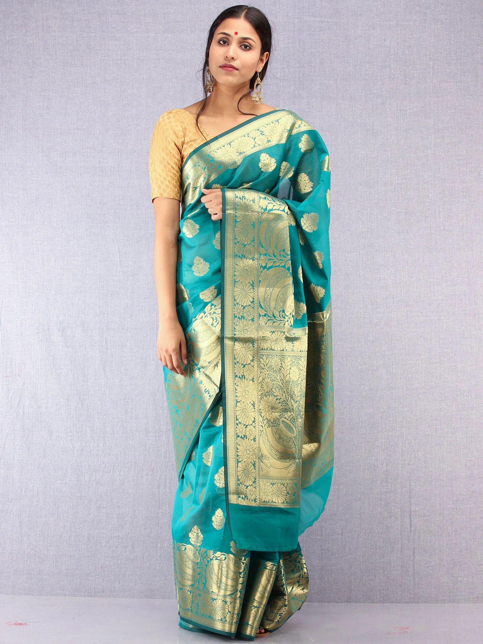Banarasee Semi Silk Saree With Zari Work - Green &  Gold - S031704376