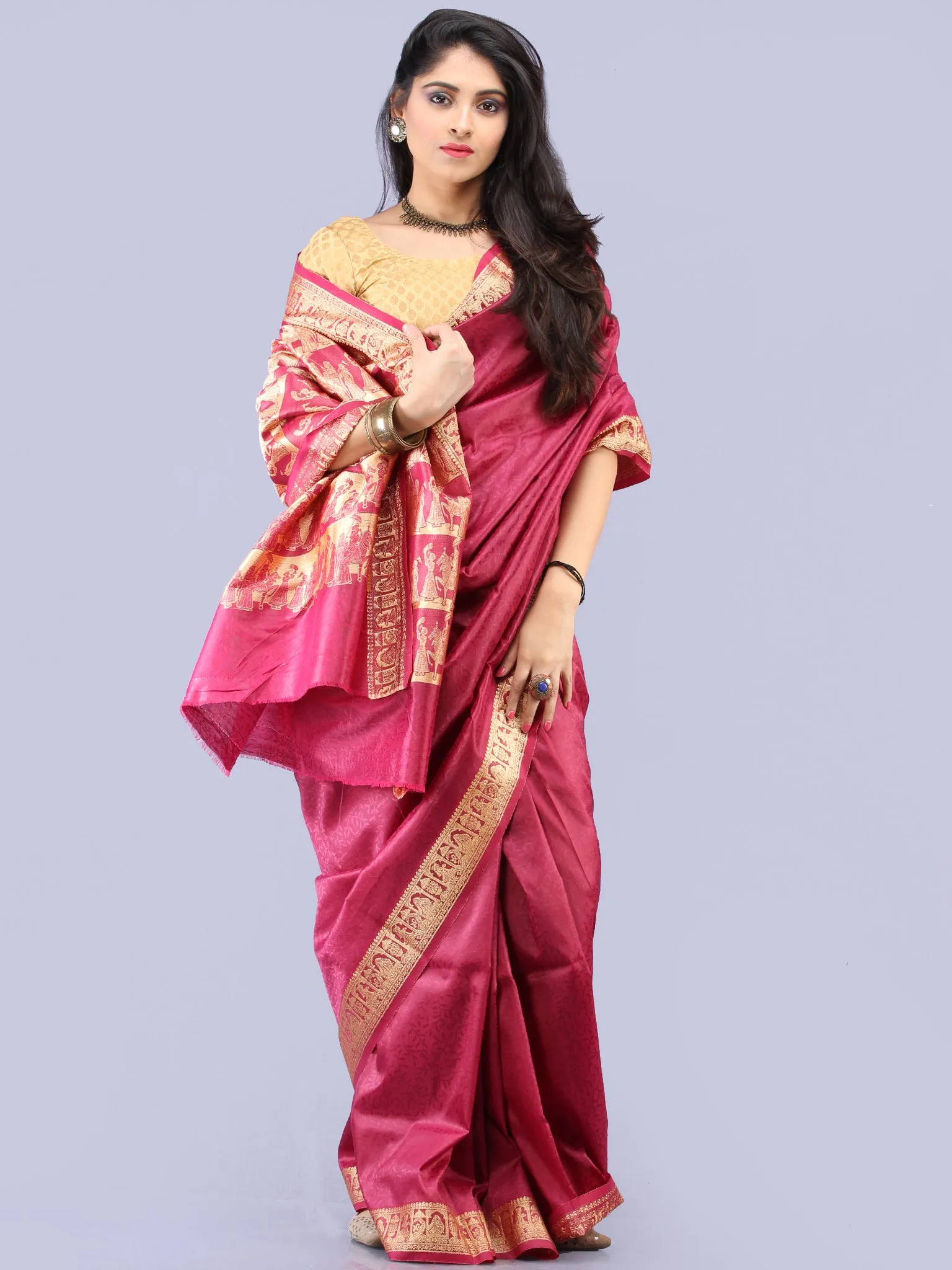 Banarasee Semi Silk Self Weave Saree With Resham Border - Plum & Golden - S031704289