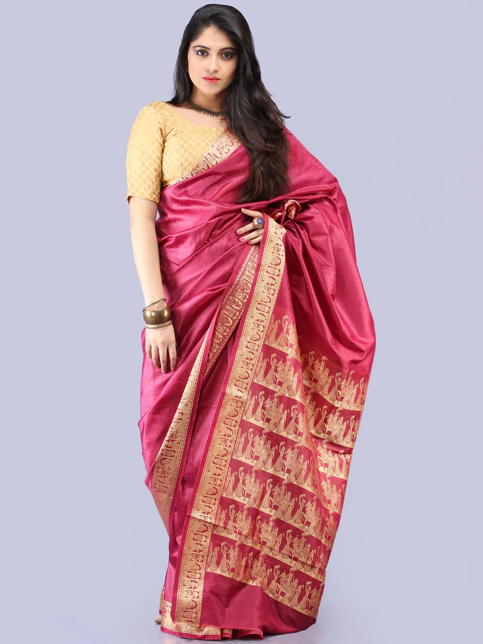 Banarasee Semi Silk Self Weave Saree With Resham Border - Plum & Golden - S031704289