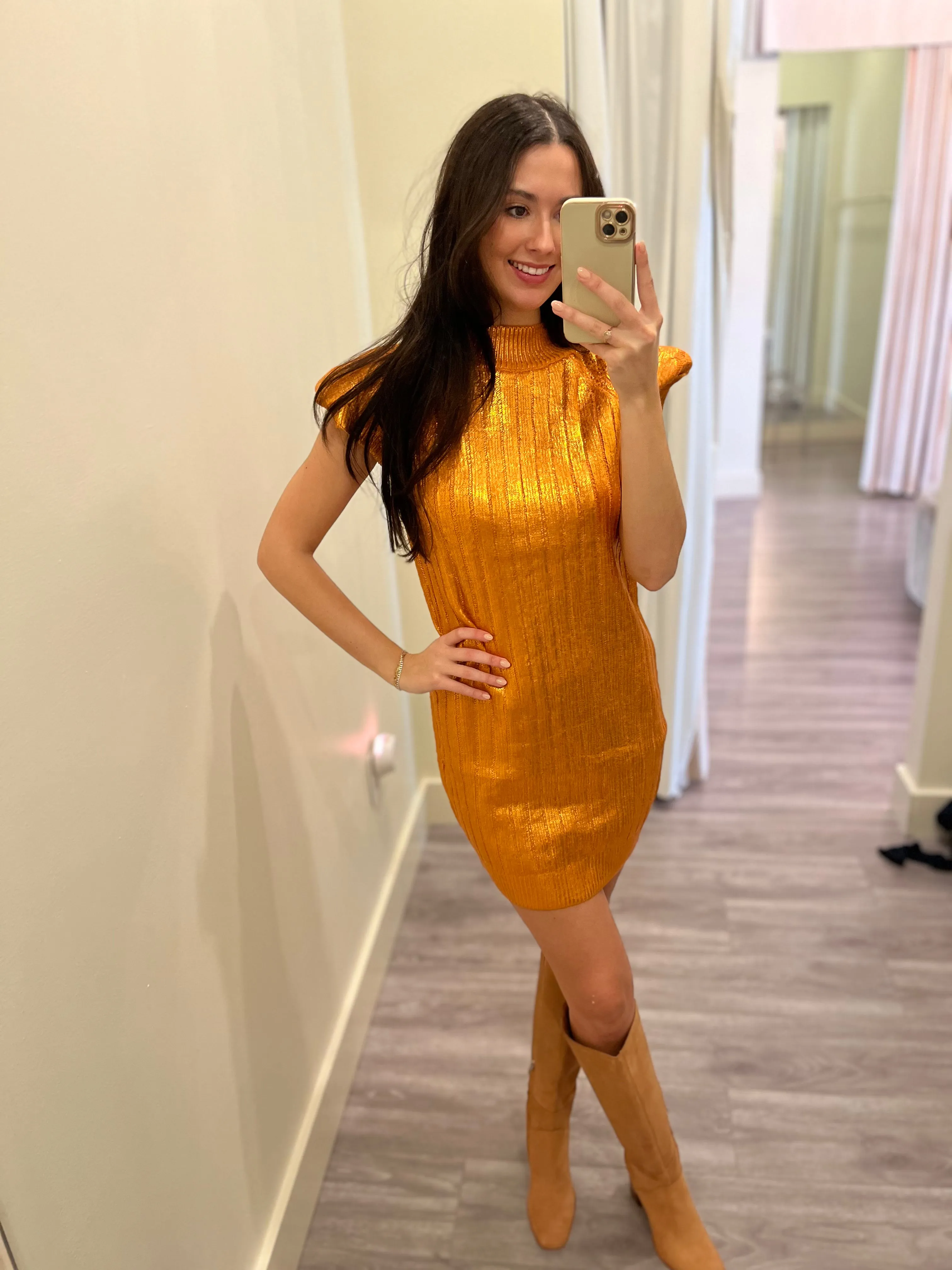 BE3009 orange metallic mini sweater dress