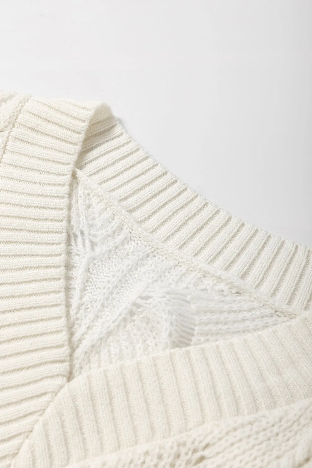 Beige Hollow Out Knit V Neck Drop Shoulder Sweater