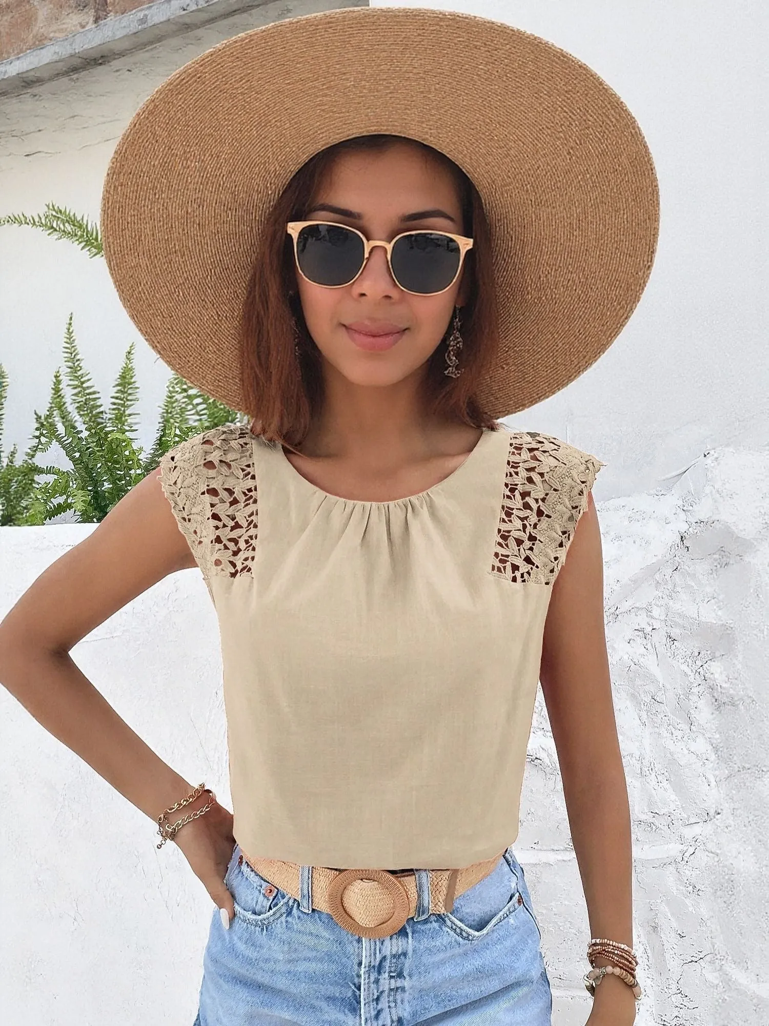 Beige Top With Lace Insert Detail