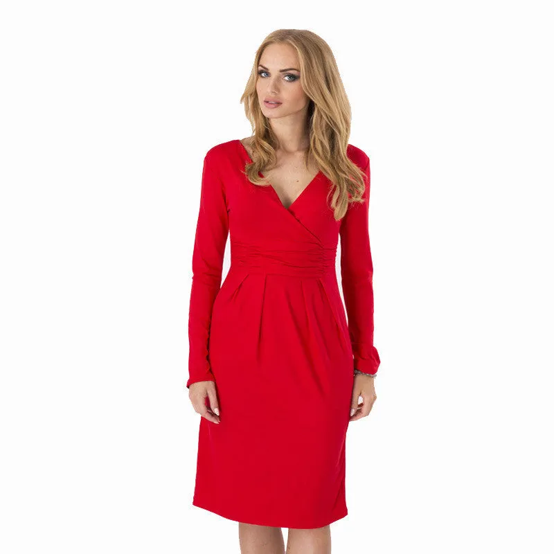 Big Size Ladies Office Work Dress Elegant V-neck Long Sleeve Pleated Slim Dress 6 Colors Bodycon Package Hip Vestidos M0404