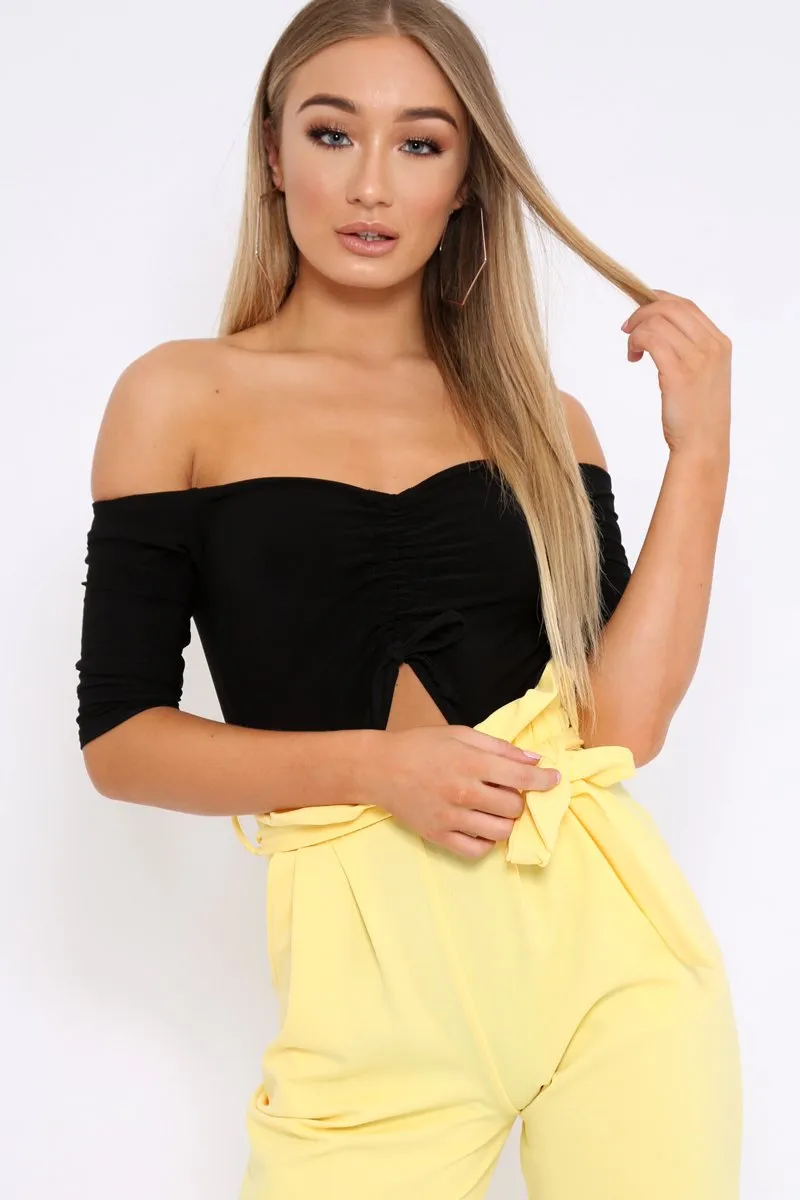 Black Bardot Ruched Front and Cut Out Bodysuit - Olivya