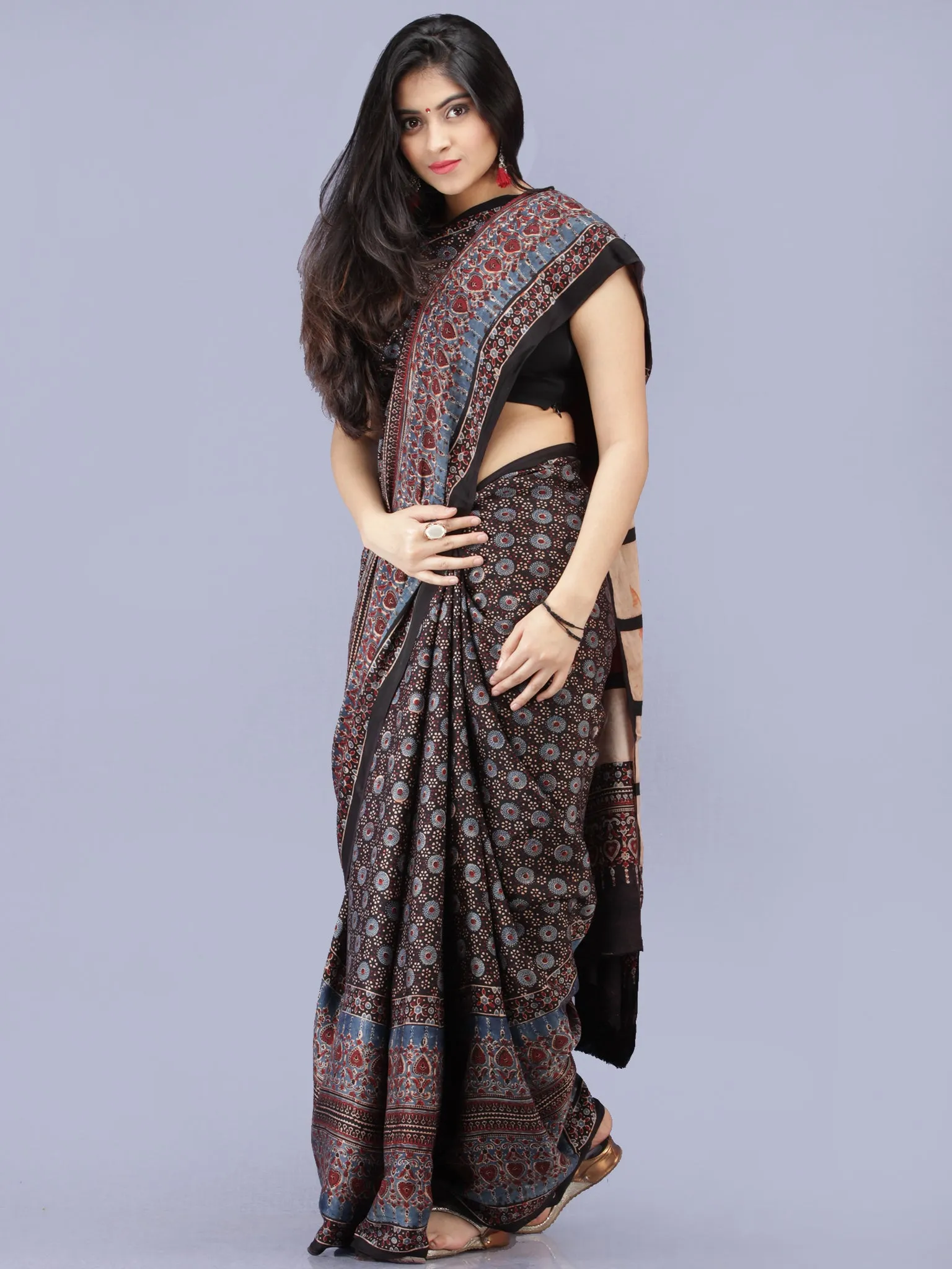 Black Indigo Maroon Ajrakh Hand Block Printed Modal Silk Saree - S031704202