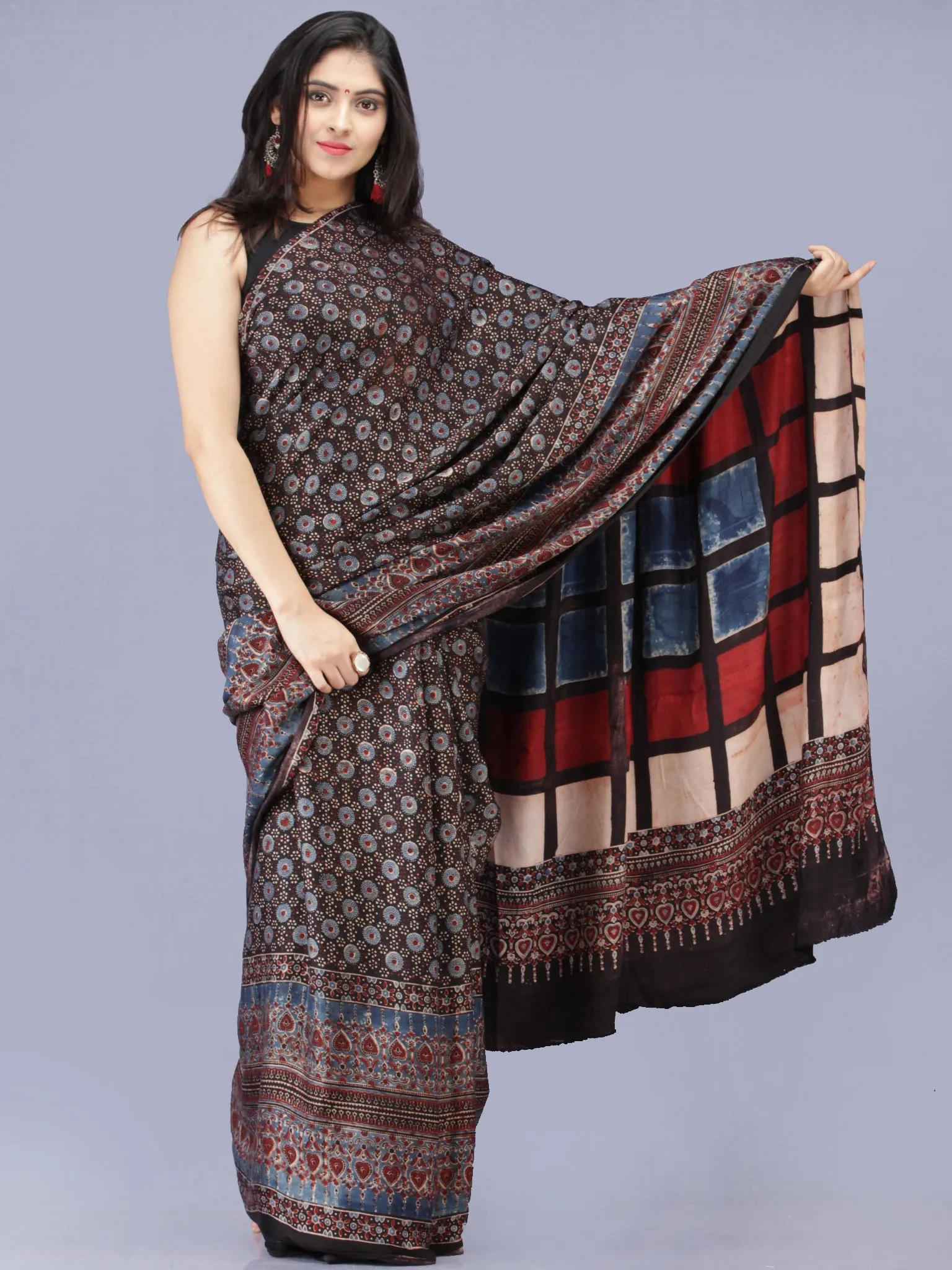 Black Indigo Maroon Ajrakh Hand Block Printed Modal Silk Saree - S031704202