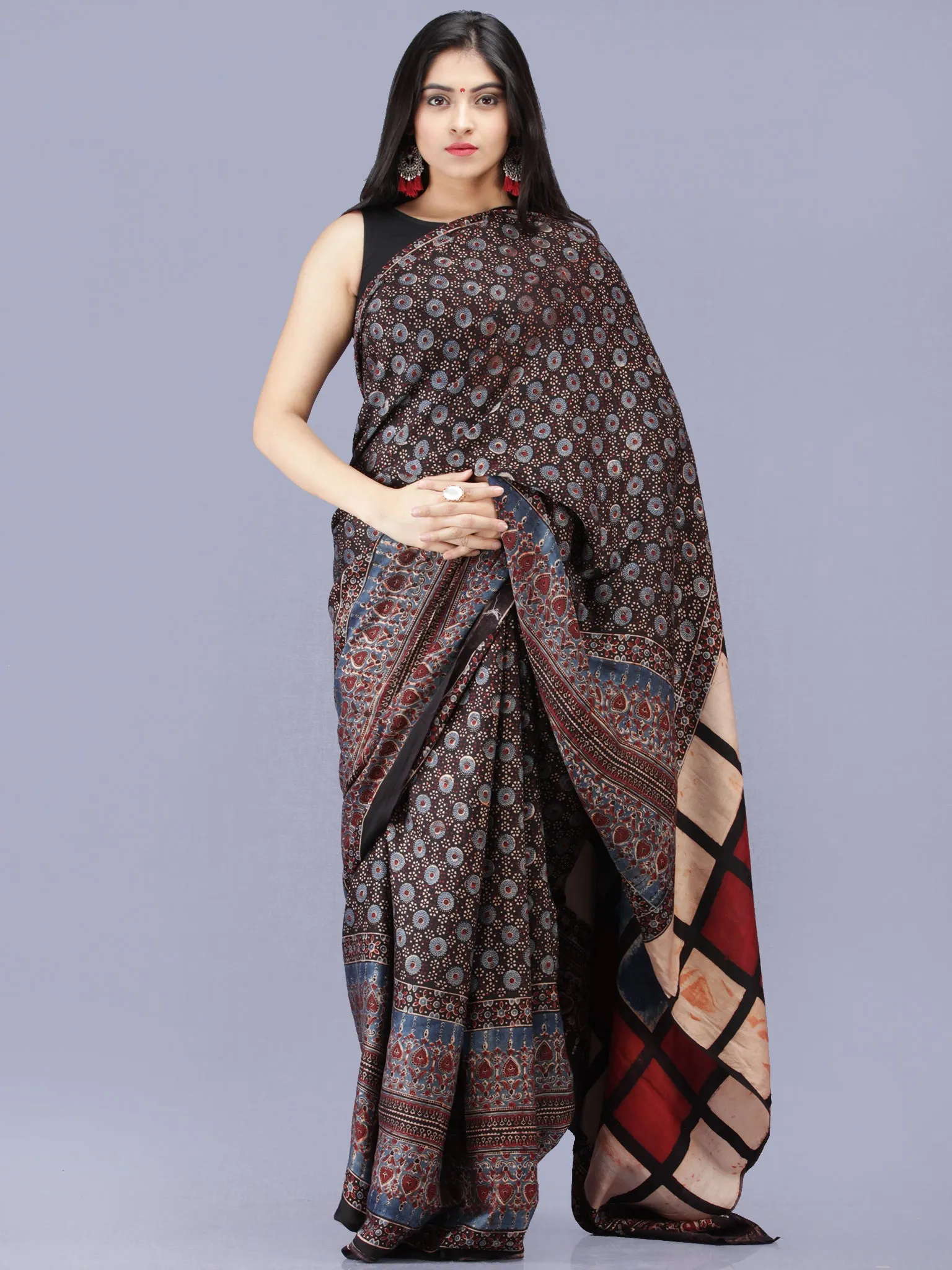 Black Indigo Maroon Ajrakh Hand Block Printed Modal Silk Saree - S031704202