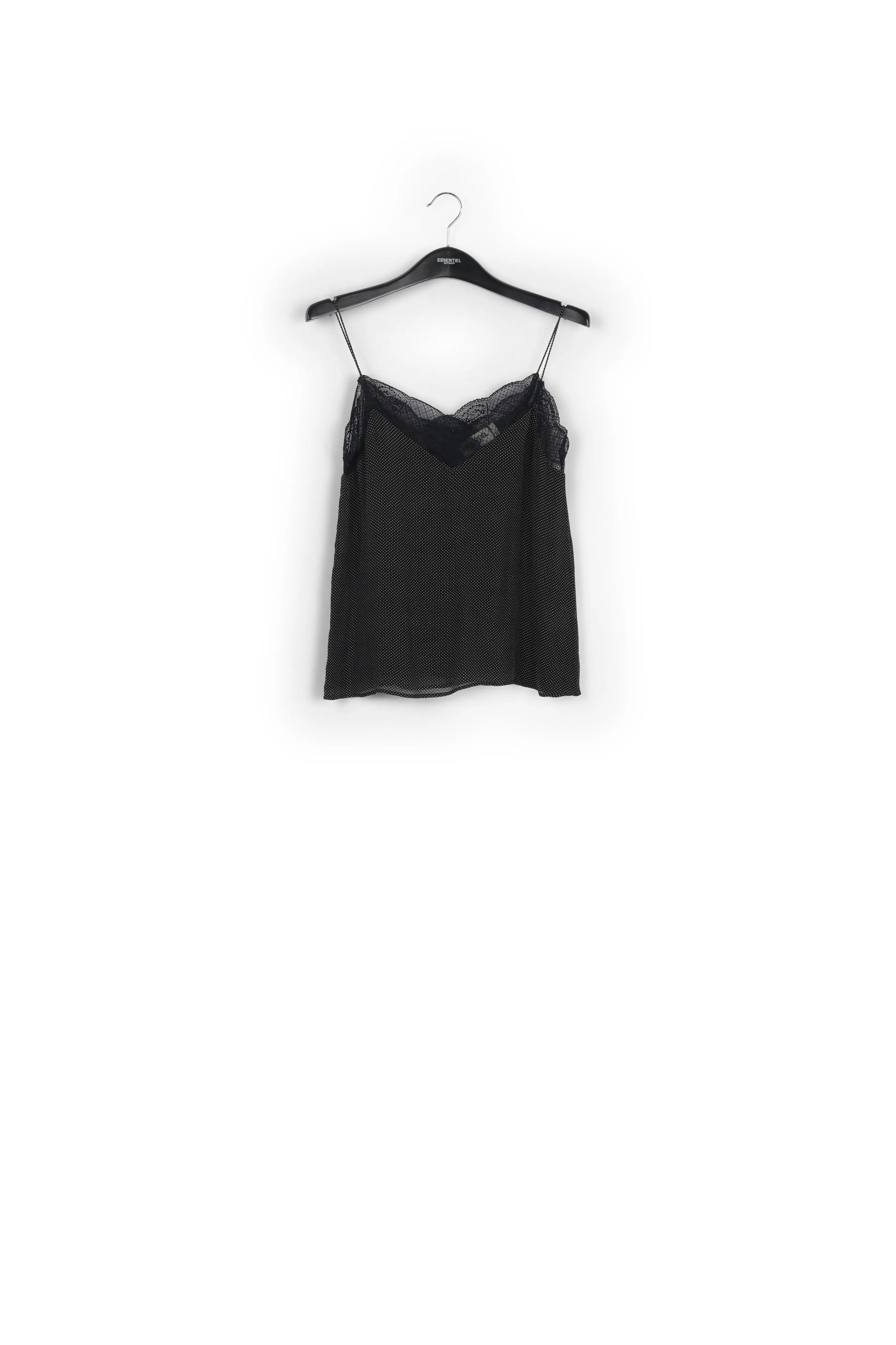 Black lace-trimmed polka dot slip top