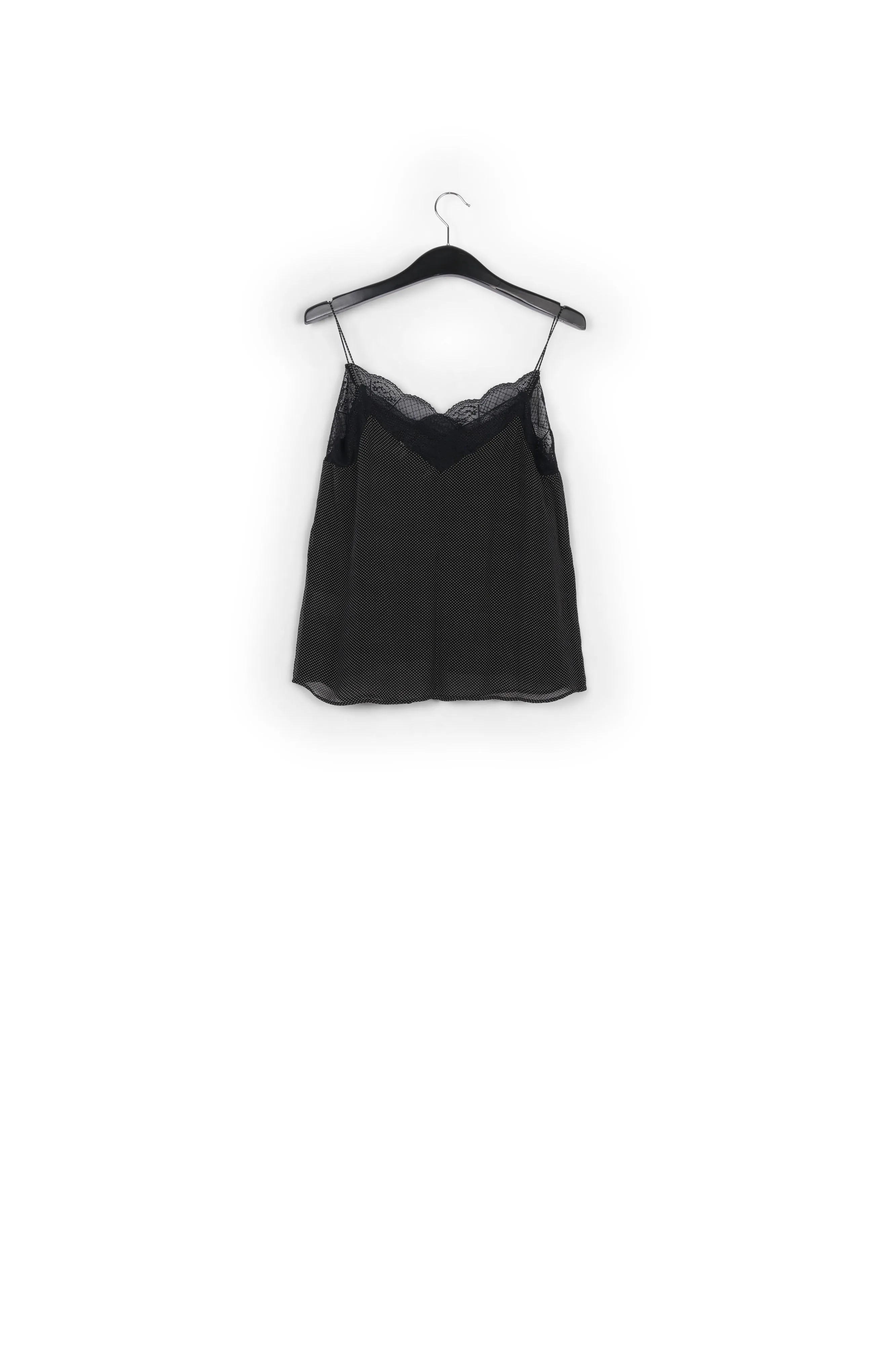 Black lace-trimmed polka dot slip top