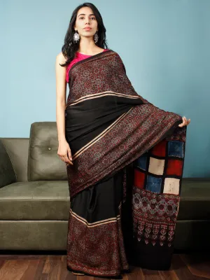 Black Maroon Indigo Beige Ajrakh Hand Block Printed Modal Silk Saree in Natural Colors - S031703344
