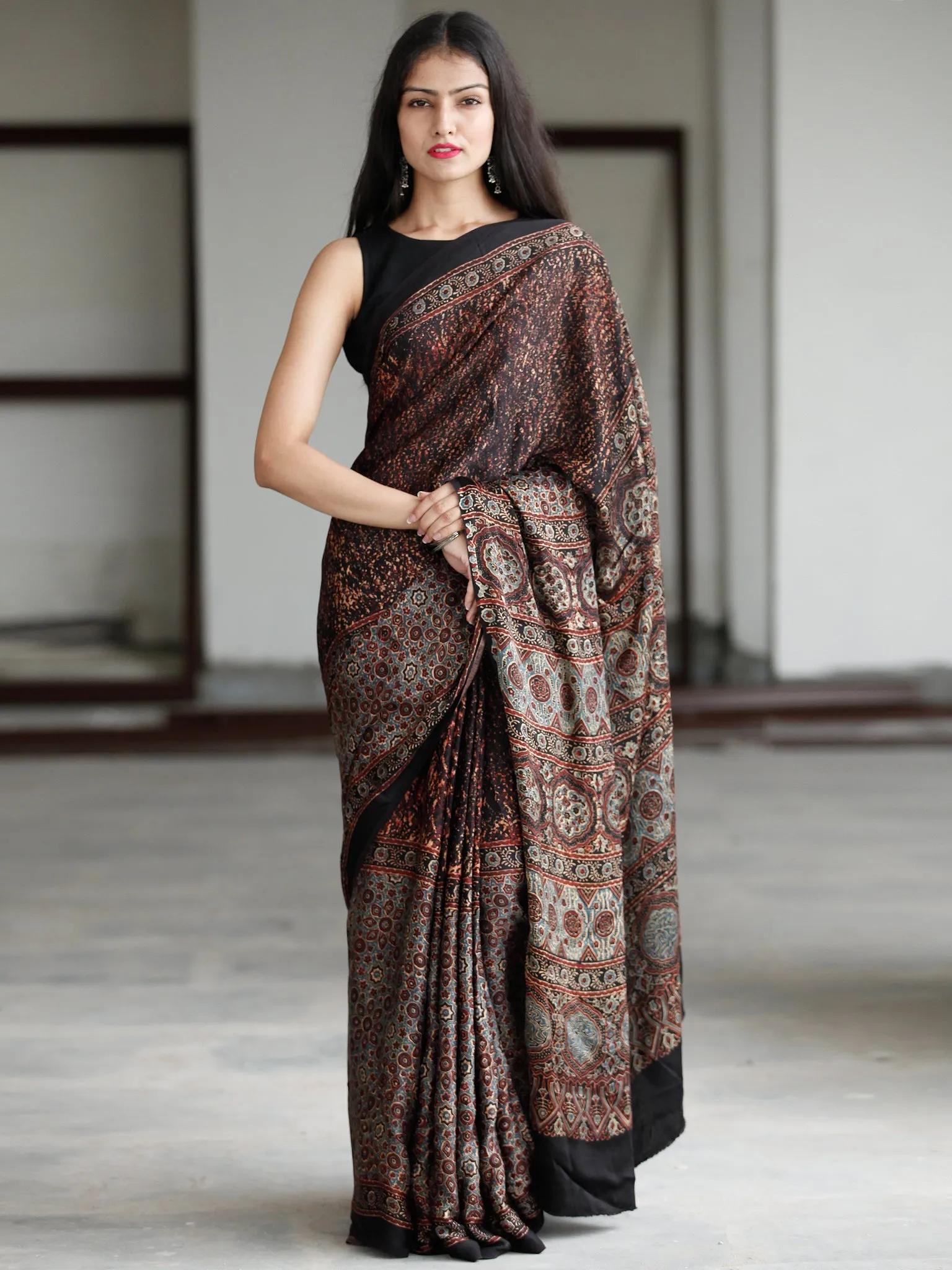 Black Reddish Brown Blue Beige Ajrakh Hand Block Printed Modal Silk Saree in Natural Colors - S031703731