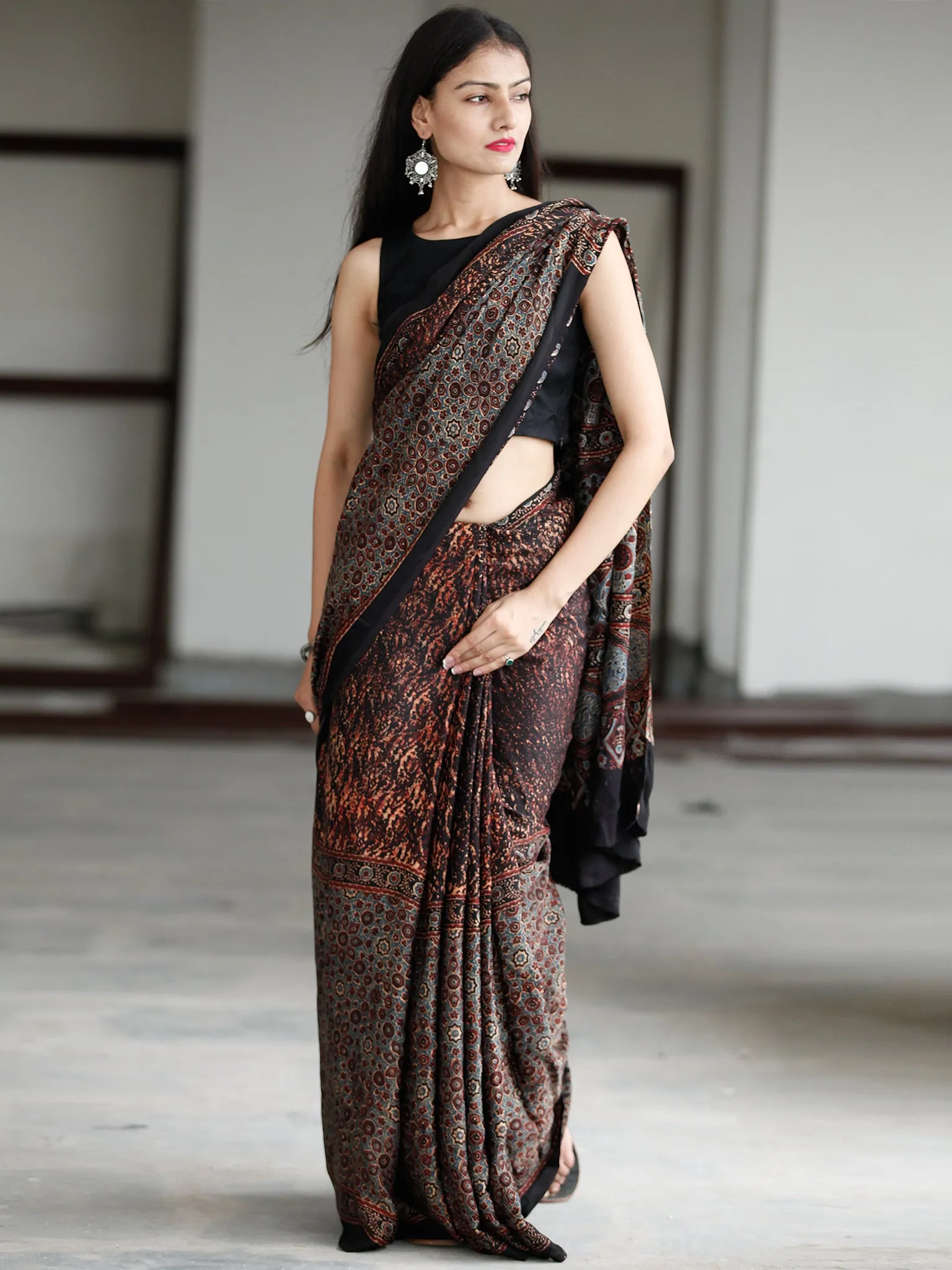 Black Reddish Brown Blue Beige Ajrakh Hand Block Printed Modal Silk Saree in Natural Colors - S031703731