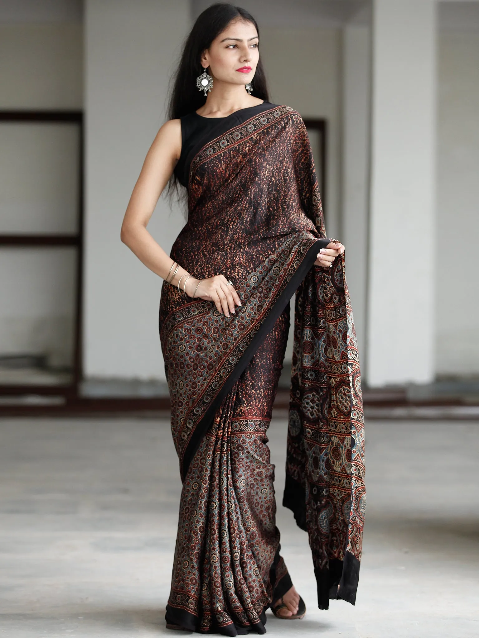 Black Reddish Brown Blue Beige Ajrakh Hand Block Printed Modal Silk Saree in Natural Colors - S031703731