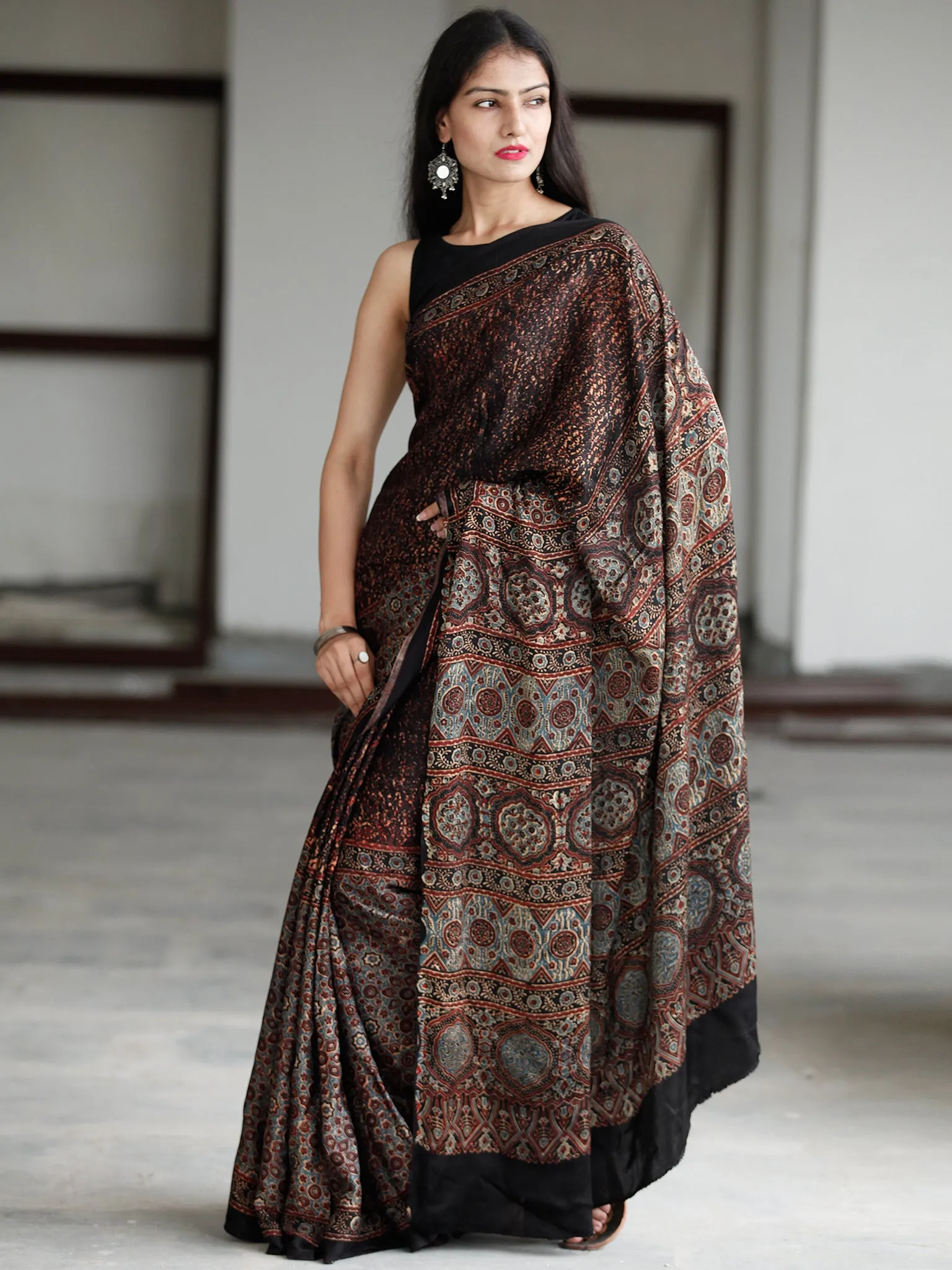 Black Reddish Brown Blue Beige Ajrakh Hand Block Printed Modal Silk Saree in Natural Colors - S031703731