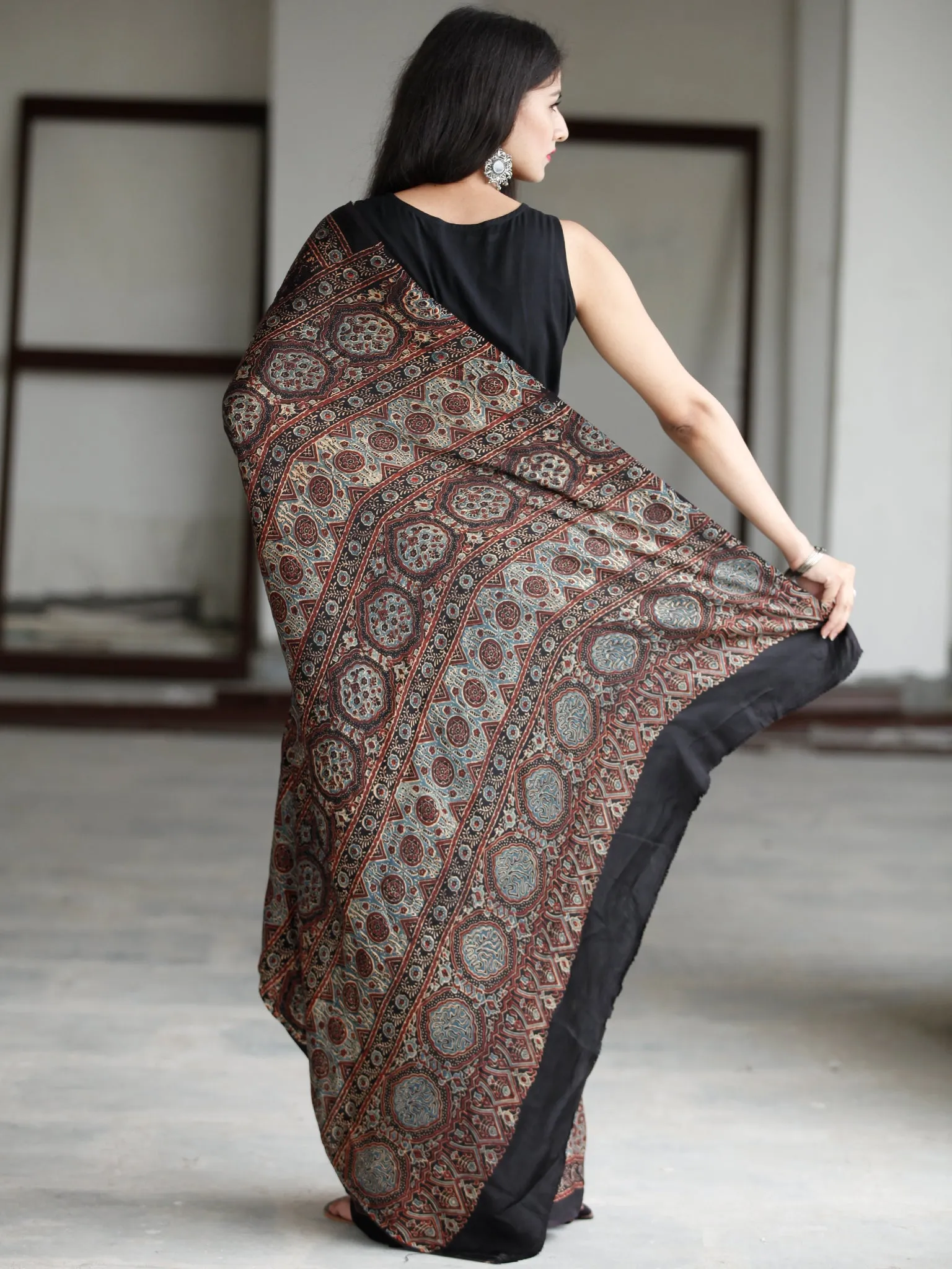 Black Reddish Brown Blue Beige Ajrakh Hand Block Printed Modal Silk Saree in Natural Colors - S031703731