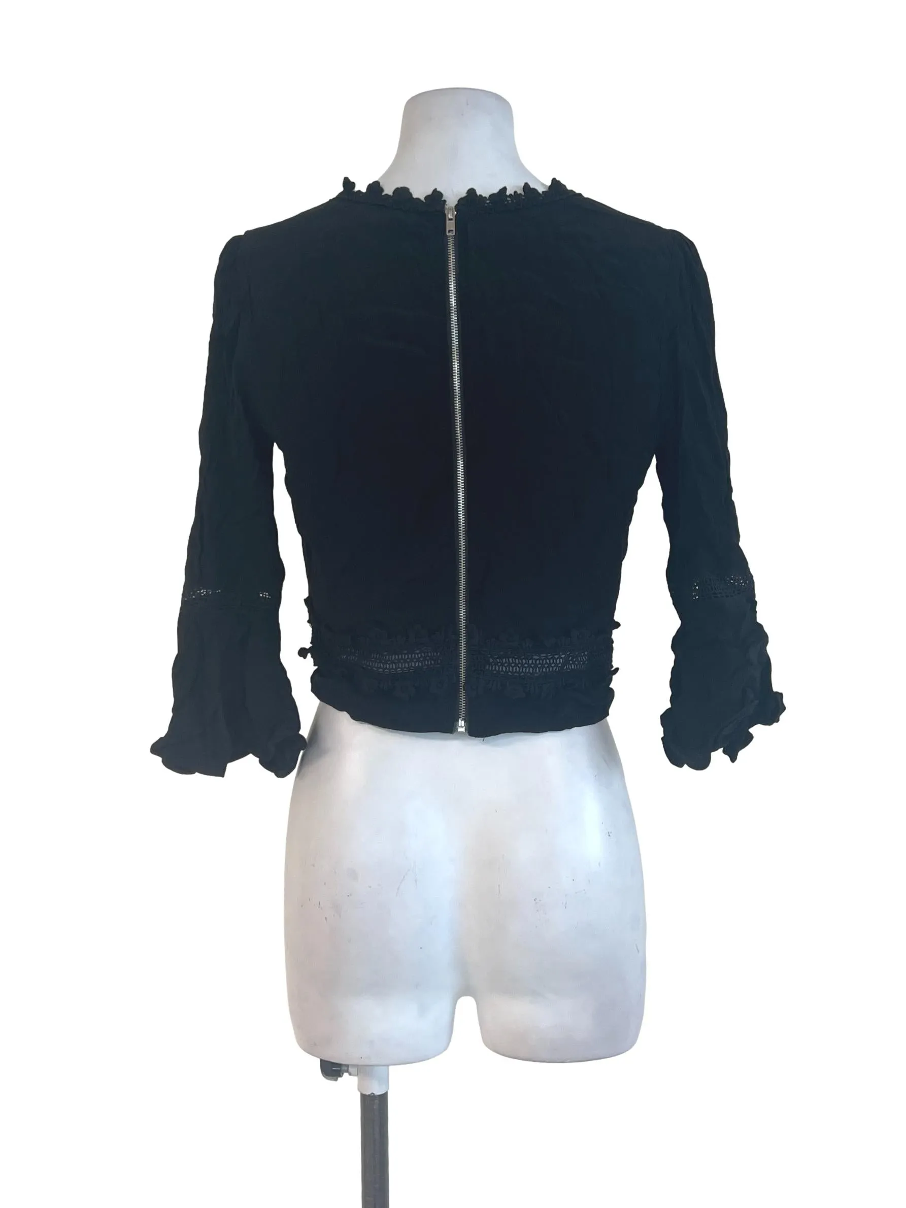 Black Strip Embroidered Lace Long Sleeve Top
