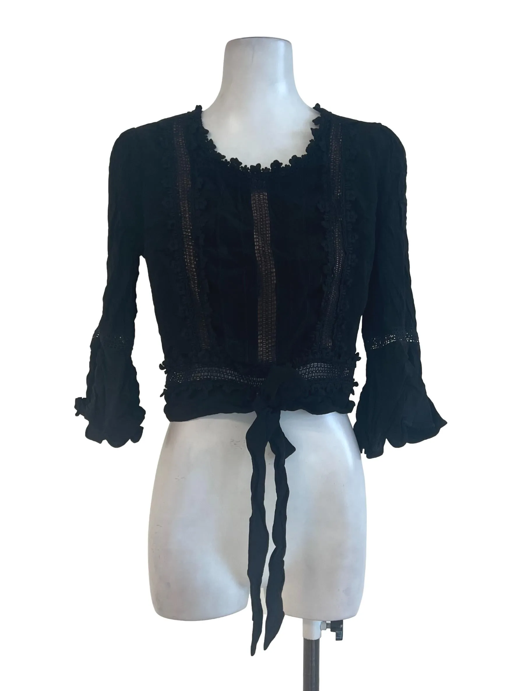Black Strip Embroidered Lace Long Sleeve Top
