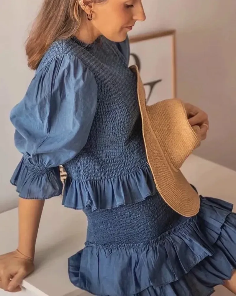 Blue Bubbles Sleeves Ruffles Blouse Irregular Hem Skirt Mini Dress Two-piece Set