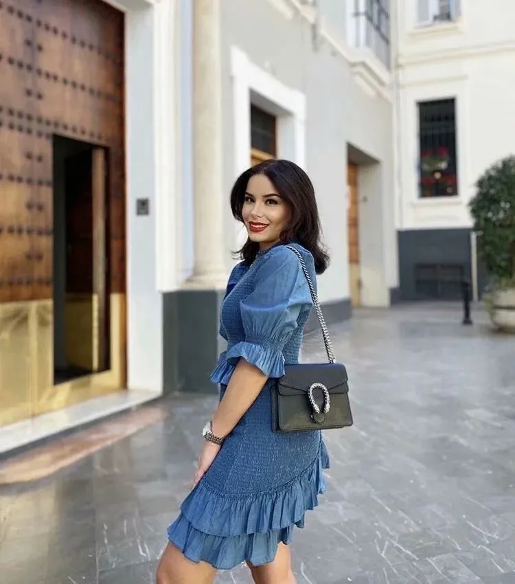 Blue Bubbles Sleeves Ruffles Blouse Irregular Hem Skirt Mini Dress Two-piece Set