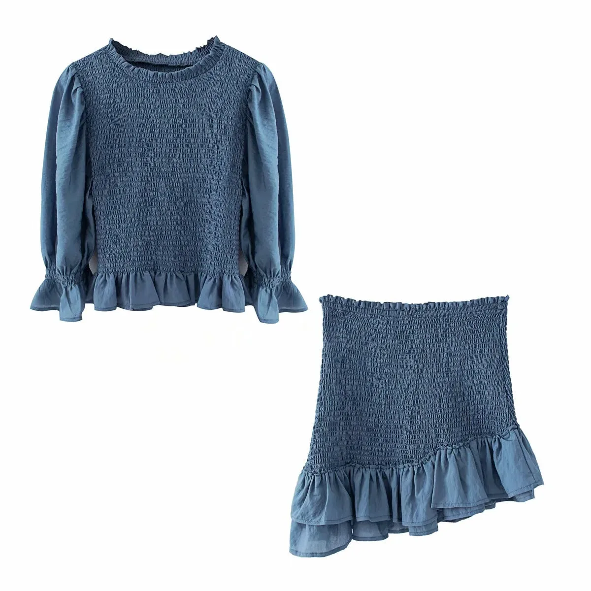 Blue Bubbles Sleeves Ruffles Blouse Irregular Hem Skirt Mini Dress Two-piece Set