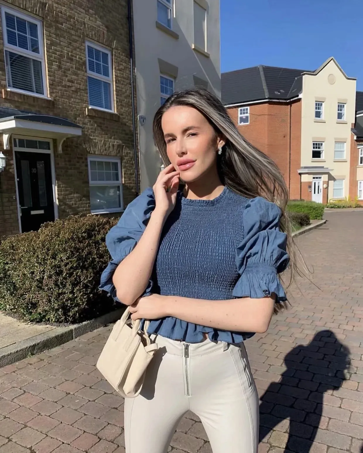 Blue Bubbles Sleeves Ruffles Blouse Irregular Hem Skirt Mini Dress Two-piece Set