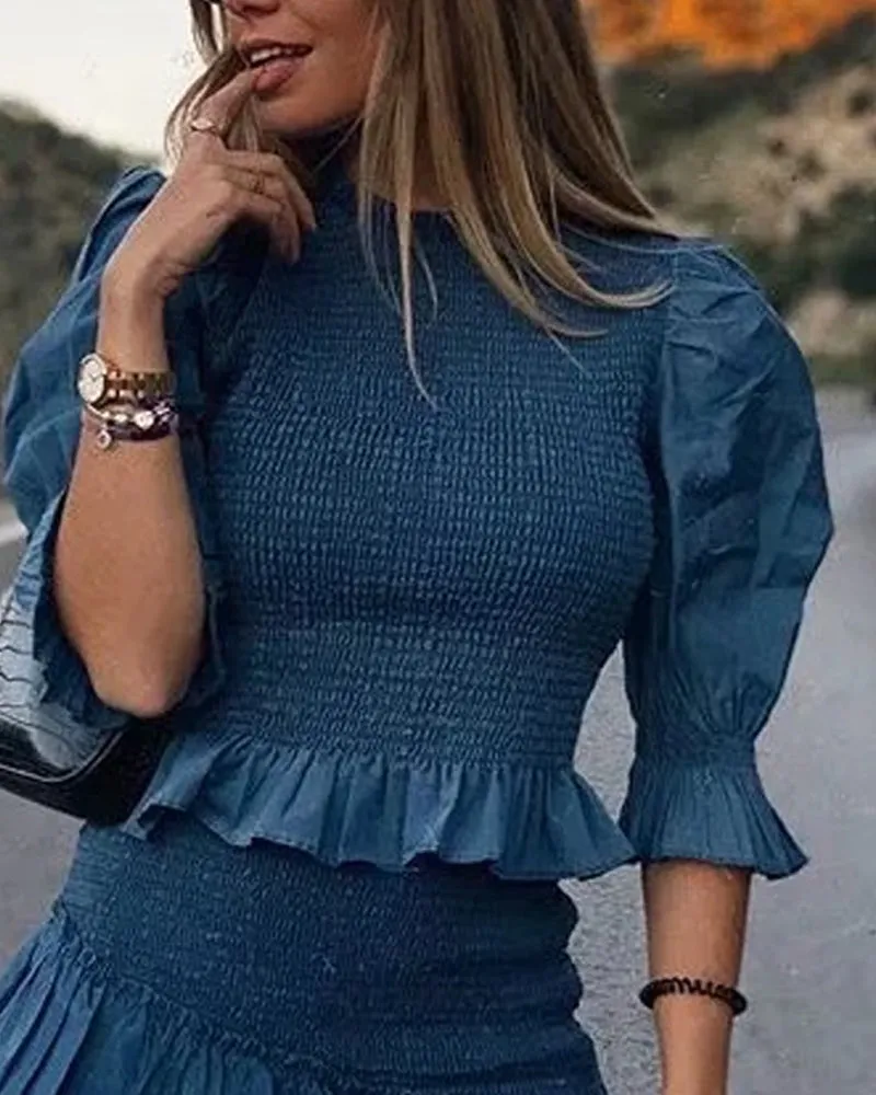 Blue Bubbles Sleeves Ruffles Blouse Irregular Hem Skirt Mini Dress Two-piece Set
