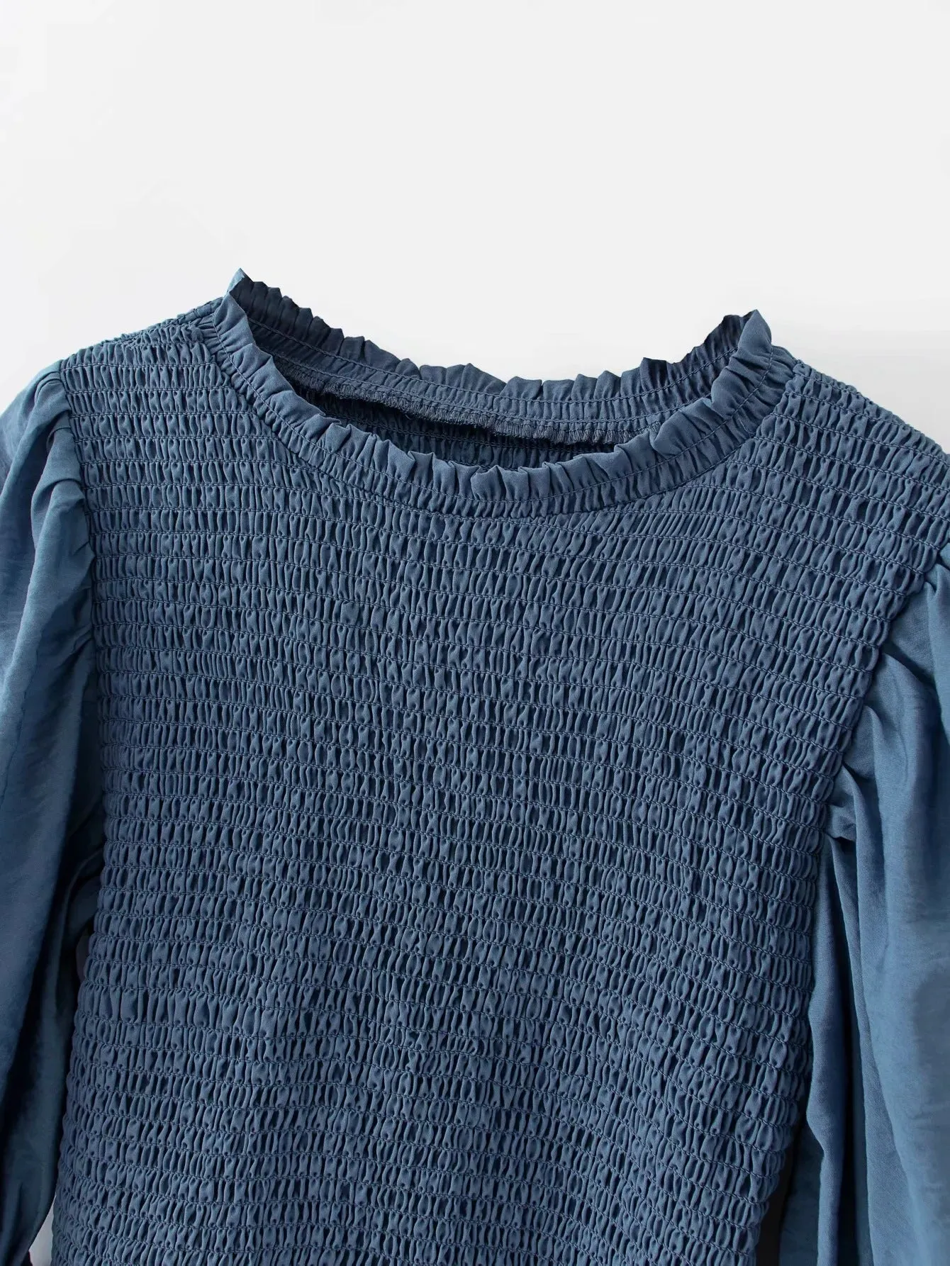Blue Bubbles Sleeves Ruffles Blouse Irregular Hem Skirt Mini Dress Two-piece Set