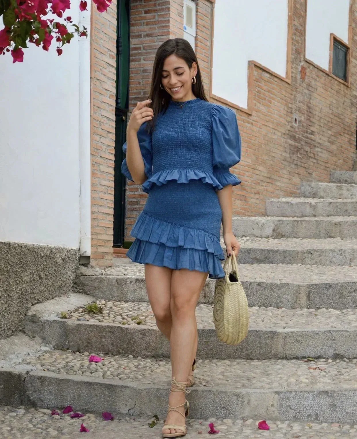 Blue Bubbles Sleeves Ruffles Blouse Irregular Hem Skirt Mini Dress Two-piece Set