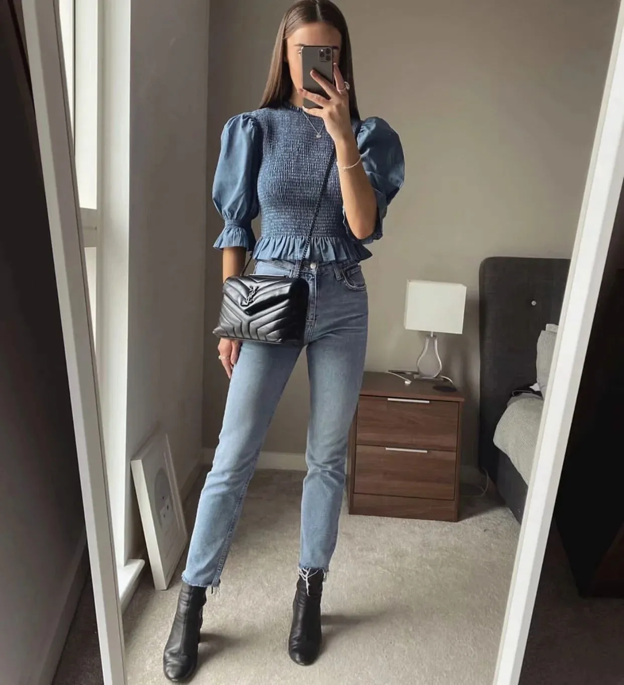 Blue Bubbles Sleeves Ruffles Blouse Irregular Hem Skirt Mini Dress Two-piece Set