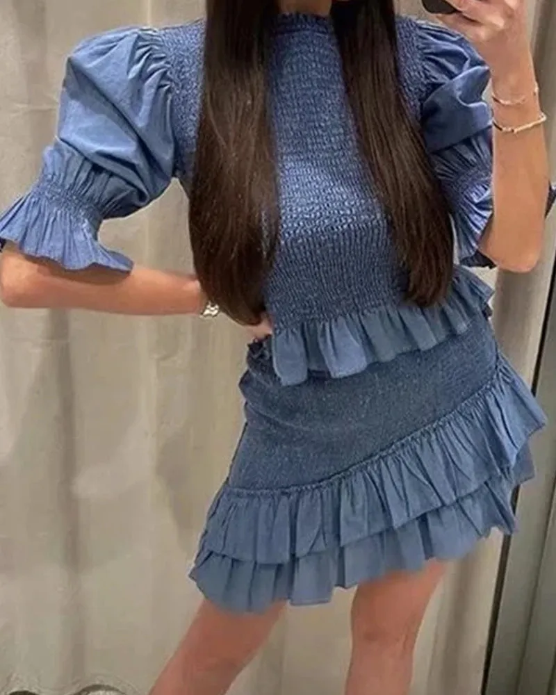 Blue Bubbles Sleeves Ruffles Blouse Irregular Hem Skirt Mini Dress Two-piece Set