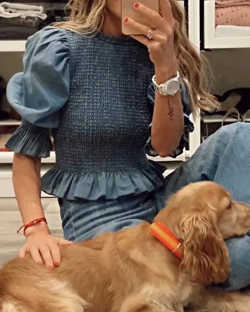 Blue Bubbles Sleeves Ruffles Blouse Irregular Hem Skirt Mini Dress Two-piece Set
