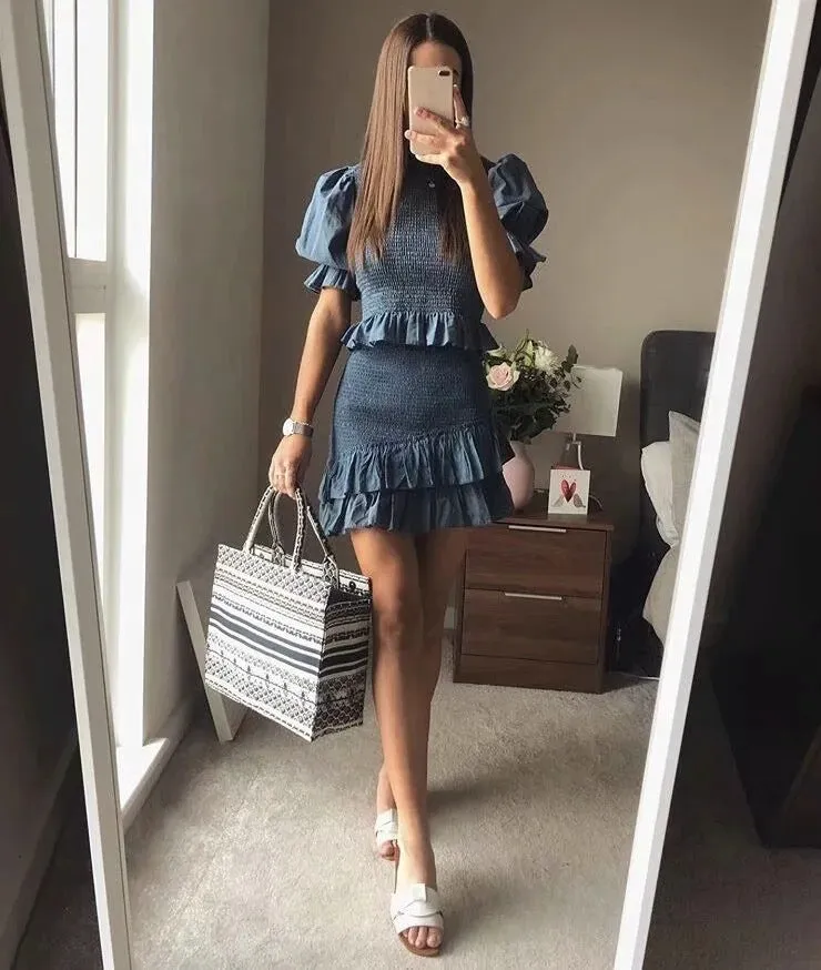 Blue Bubbles Sleeves Ruffles Blouse Irregular Hem Skirt Mini Dress Two-piece Set